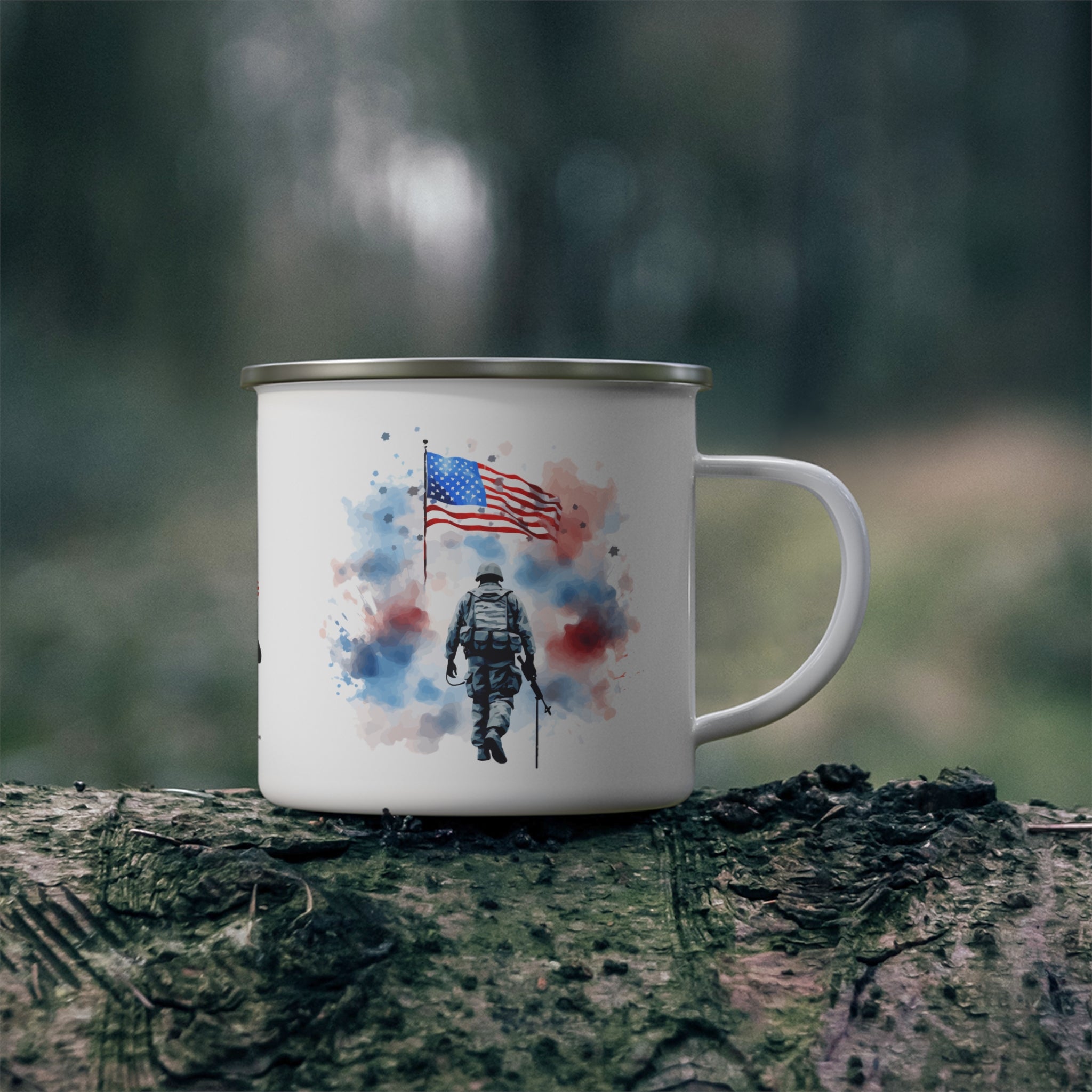 Watercolor Soldier Coffee Cup – Patriotic American Flag Tribute Enamel Cup