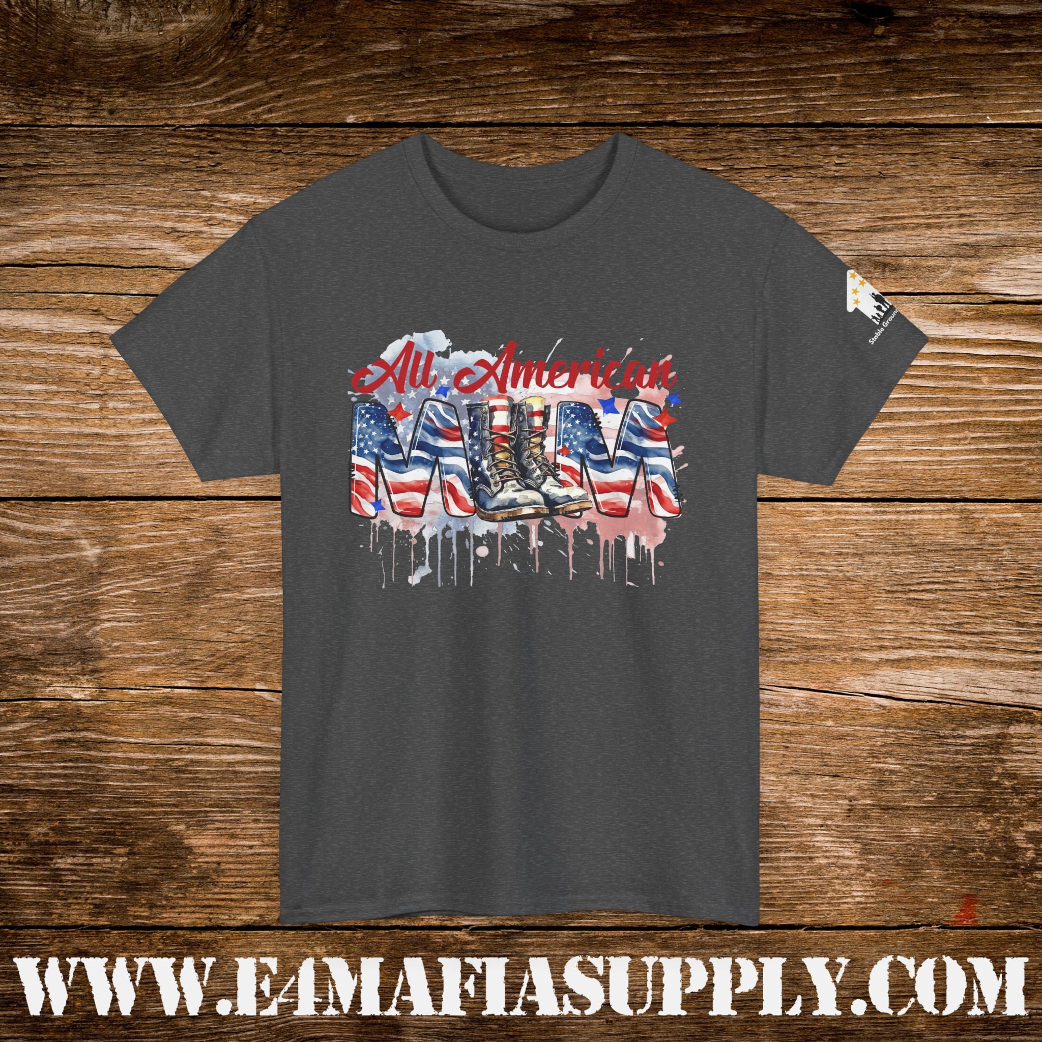 “All American Mom” – Patriotic Flag & Combat Boots T-Shirt