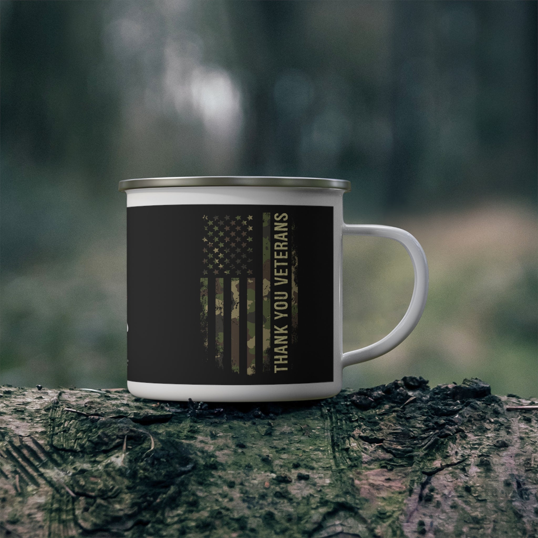 Thank You Veterans Enamel Mug – Camo American Flag Military Appreciation Coffee Cup