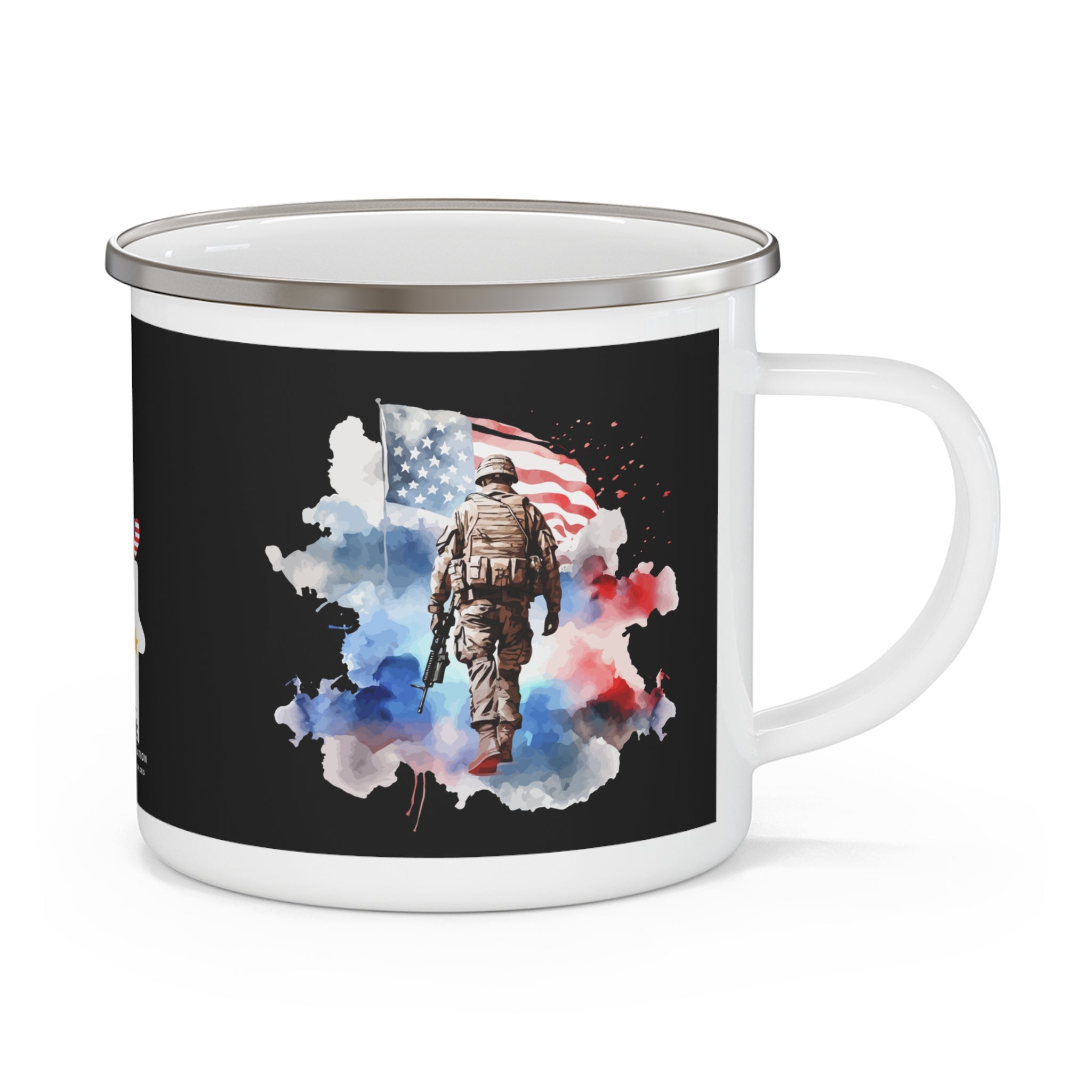 Watercolor Soldier Enamel Mug – Patriotic Memorial Tribute Coffee Cup