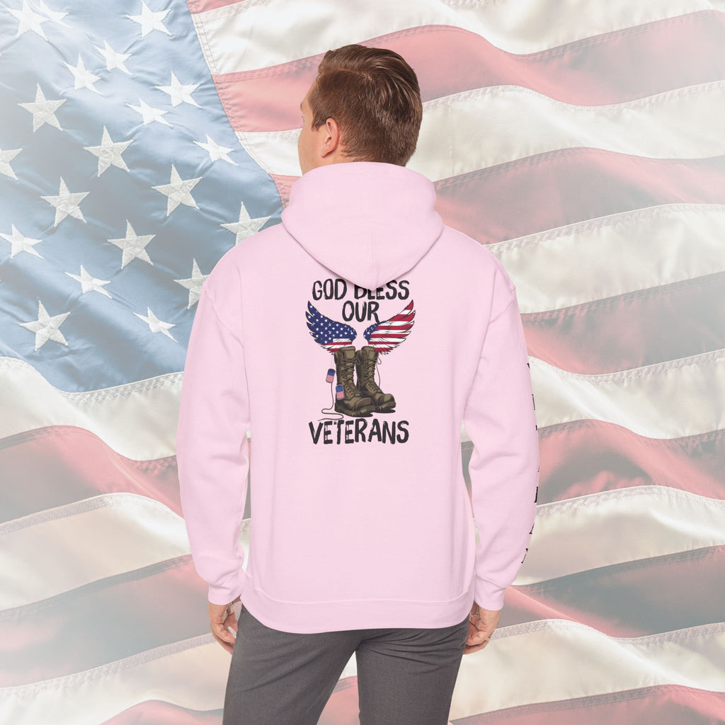 “God Bless Our Veterans” American Flag Boots Patriotic Veteran Sleeve Hoodie