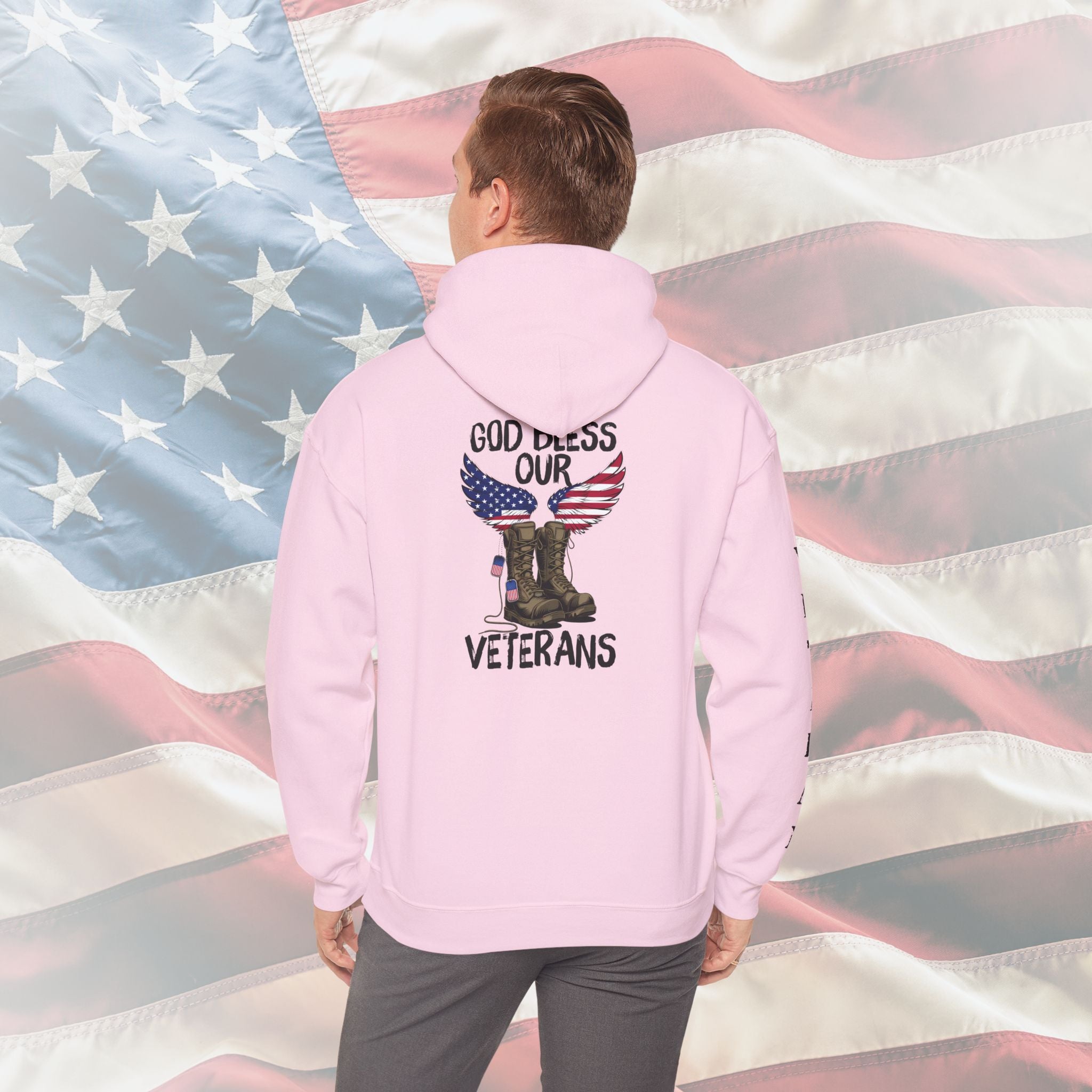 “God Bless Our Veterans” American Flag Boots Patriotic Veteran Sleeve Hoodie