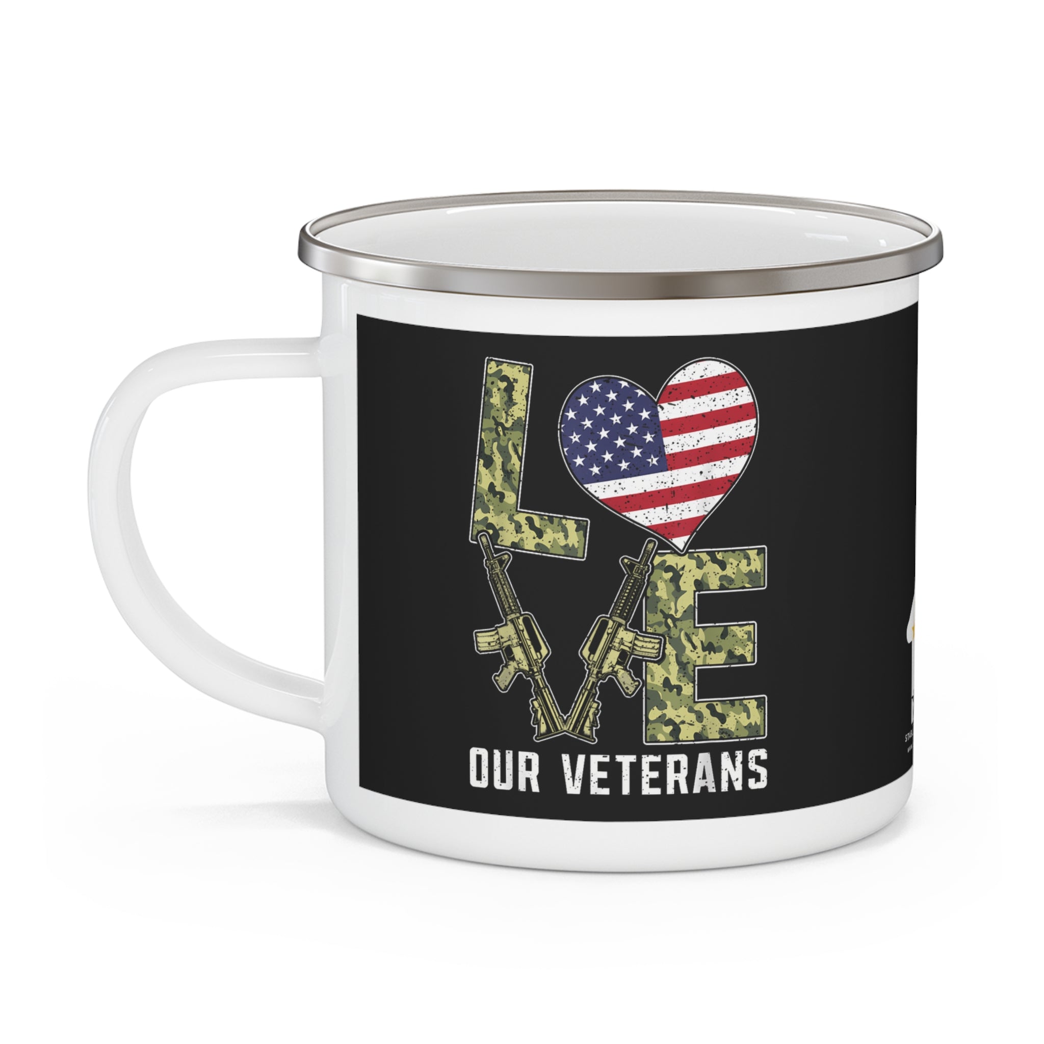 Love Our Veterans Coffee Cup – Patriotic American Flag Enamel Cup