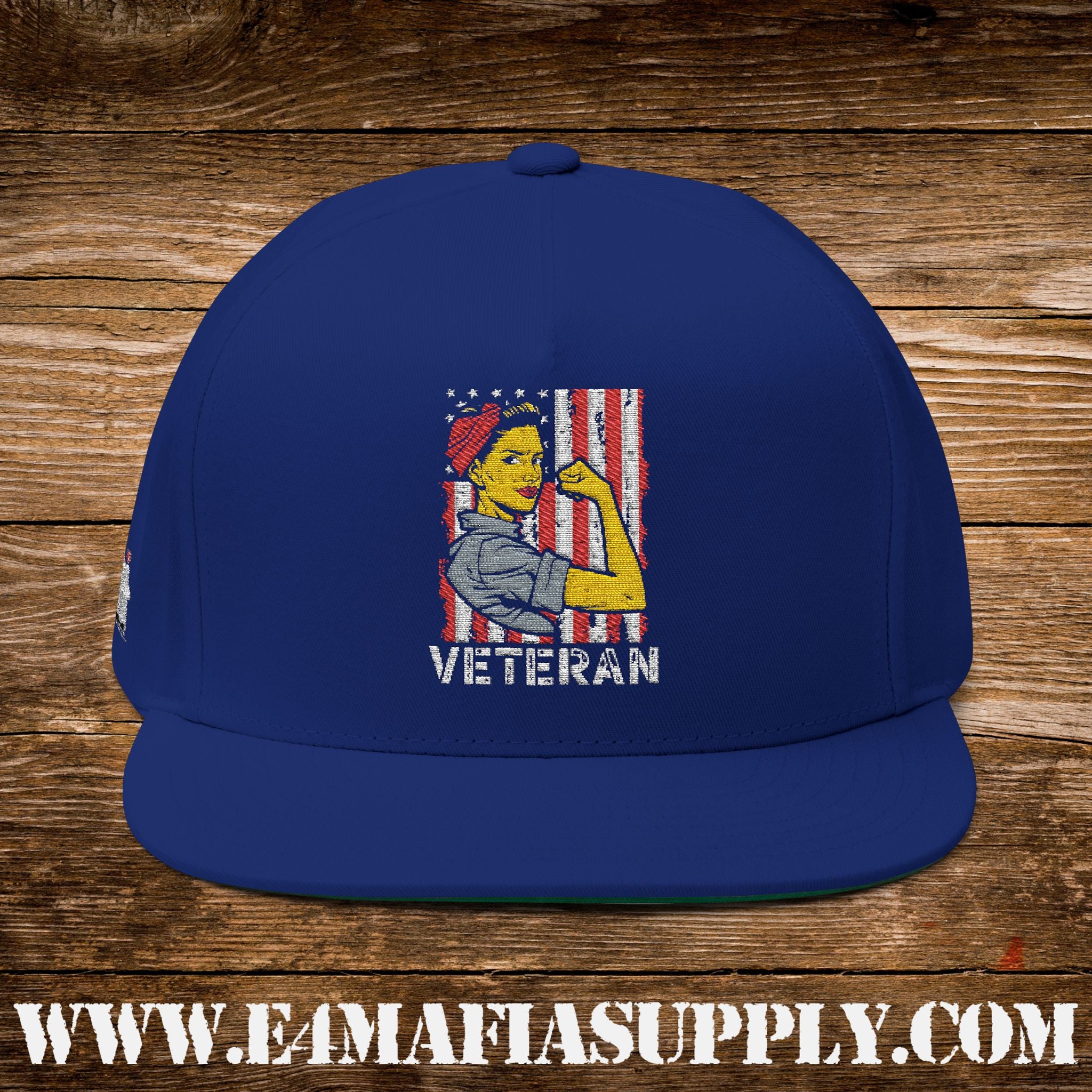 Patriotic “Rosie the Riveter Veteran” Flat Bill Cap with American Flag Background