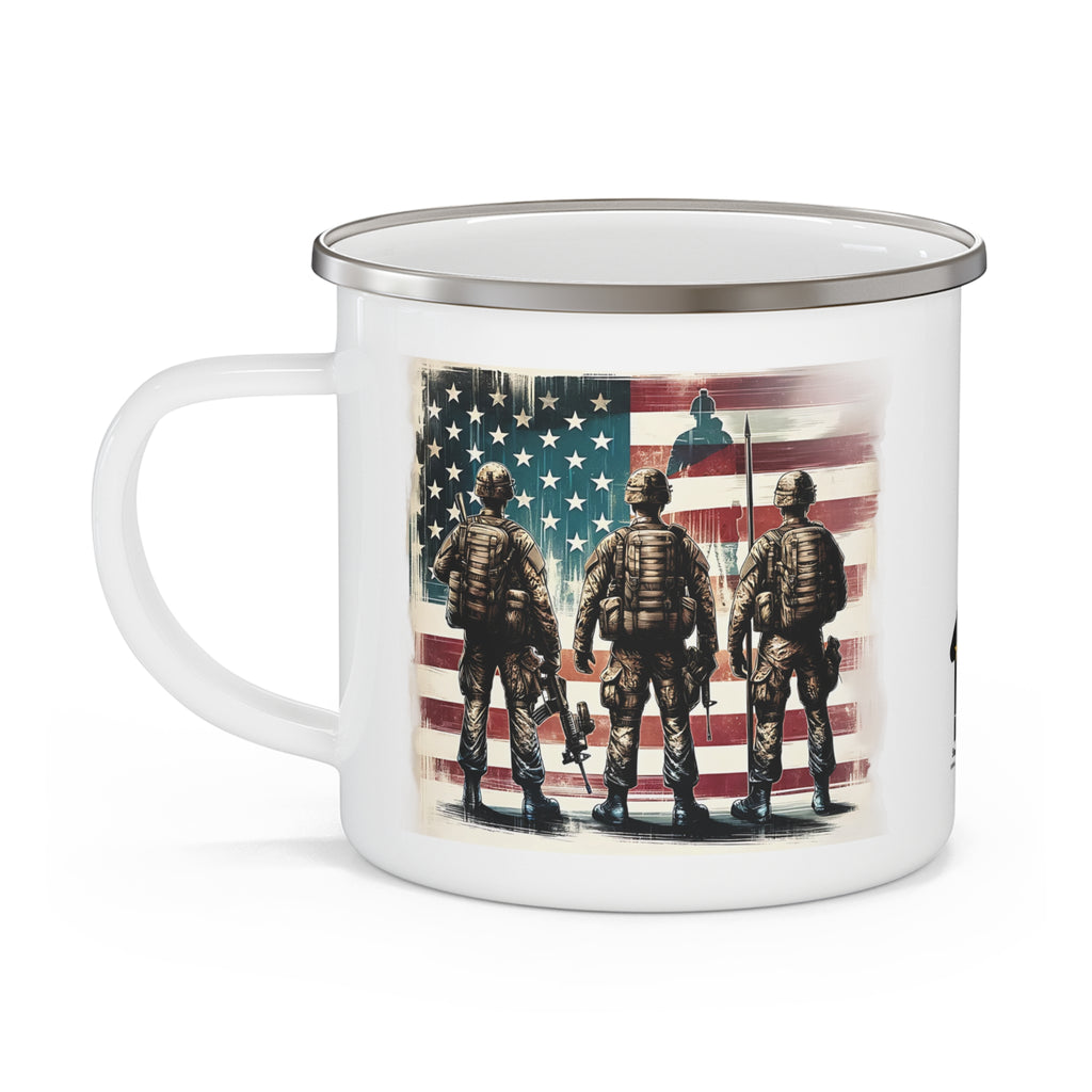 Three Soldiers Coffee Cup – American Flag Brotherhood Tribute Enamel Cup