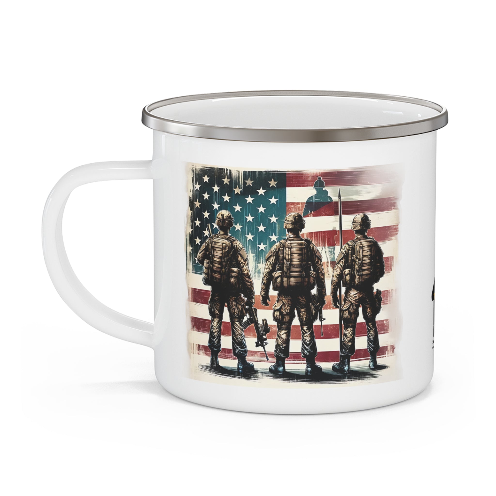 Three Soldiers Coffee Cup – American Flag Brotherhood Tribute Enamel Cup