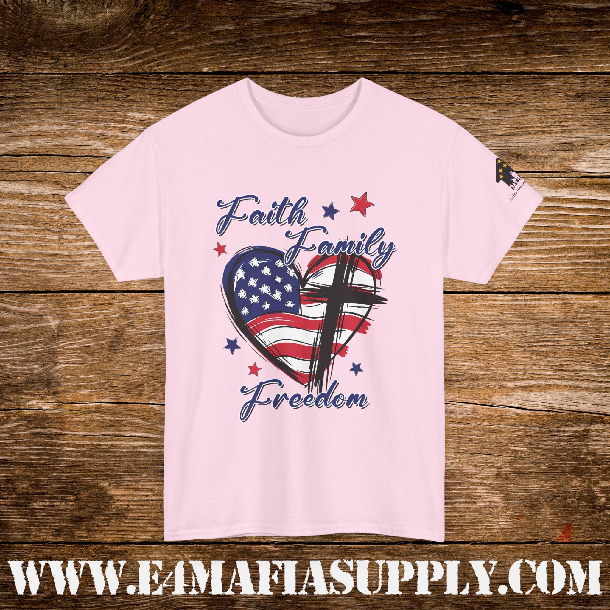 “Faith, Family, Freedom” – Patriotic American Flag & Cross T-Shirt