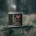 Love Our Veterans” Enamel Mug with Camo Letters, American Flag Heart, and Combat Boots