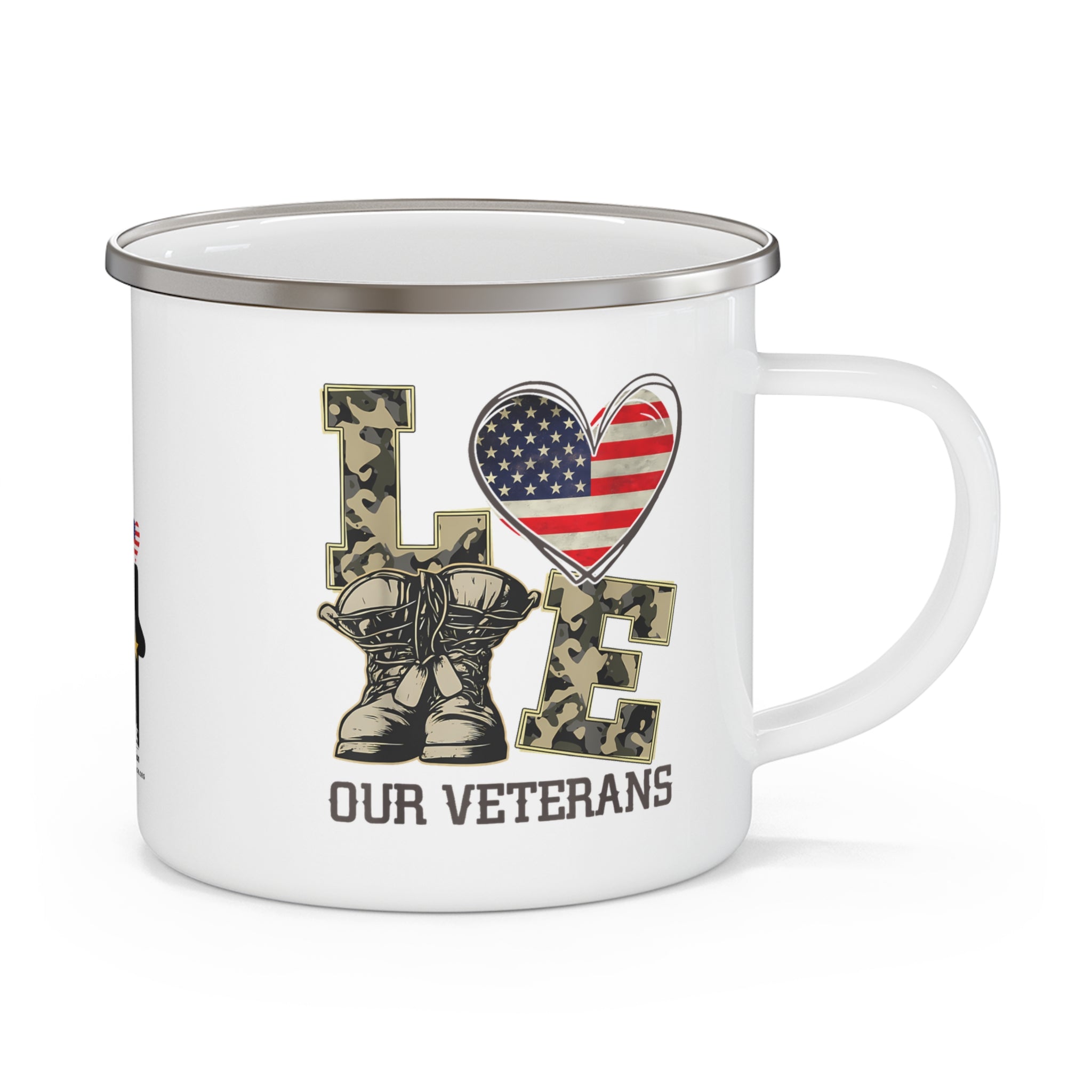 “Love Our Veterans” Enamel Mug with Camouflage Letters, Combat Boots, and American Flag Heart