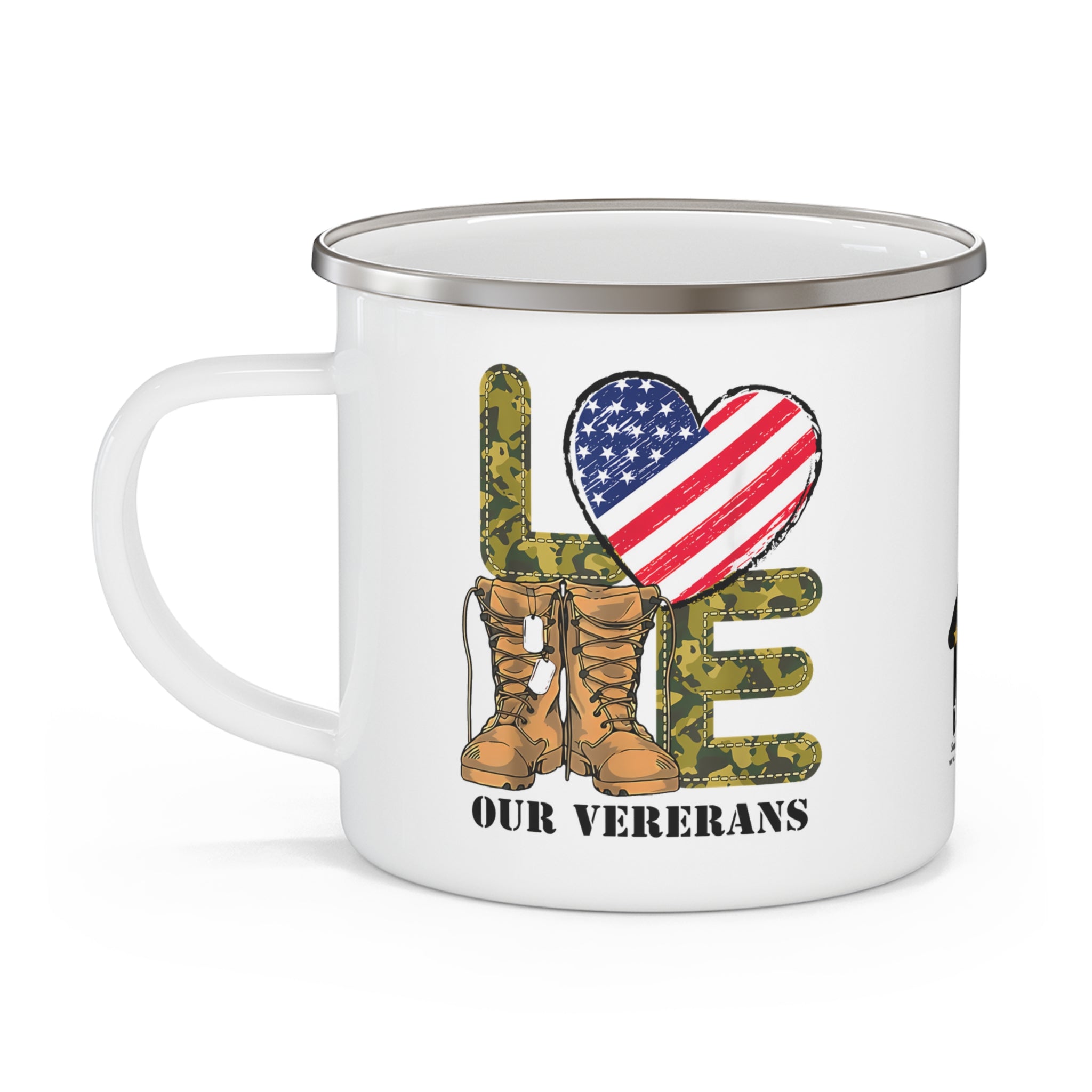 “Love Our Veterans” Enamel Mug with American Flag Heart and Combat Boots Design