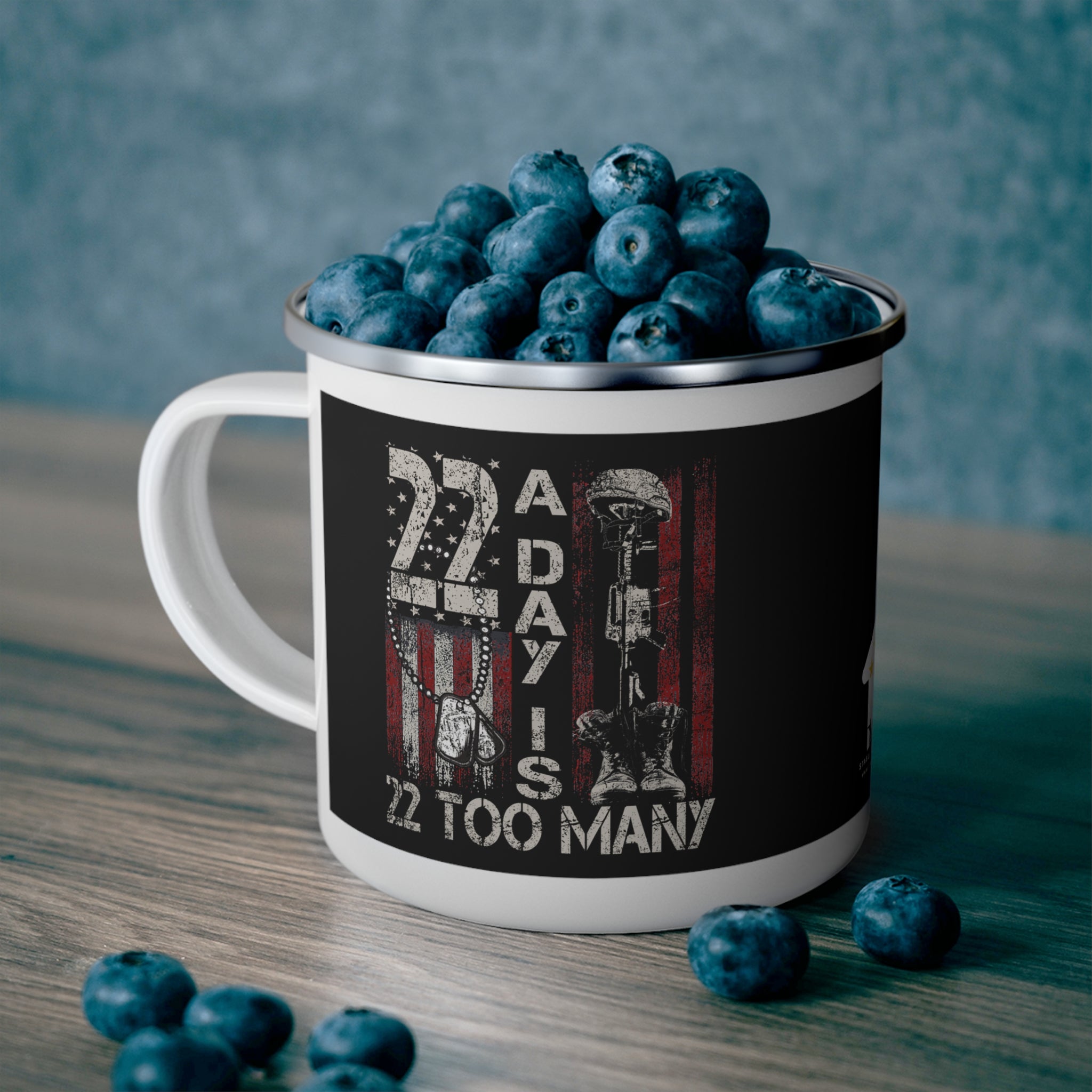 22 A Day Coffee Cup – 22 Too Many Veteran Suicide Awareness Enamel Cup
