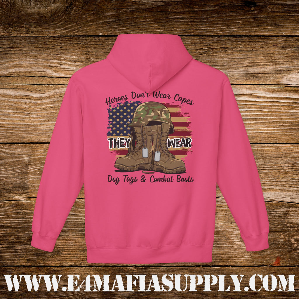 Copy of “Heroes Don’t Wear Capes – They Wear Dog Tags & Combat Boots” Patriotic Military Hoodie