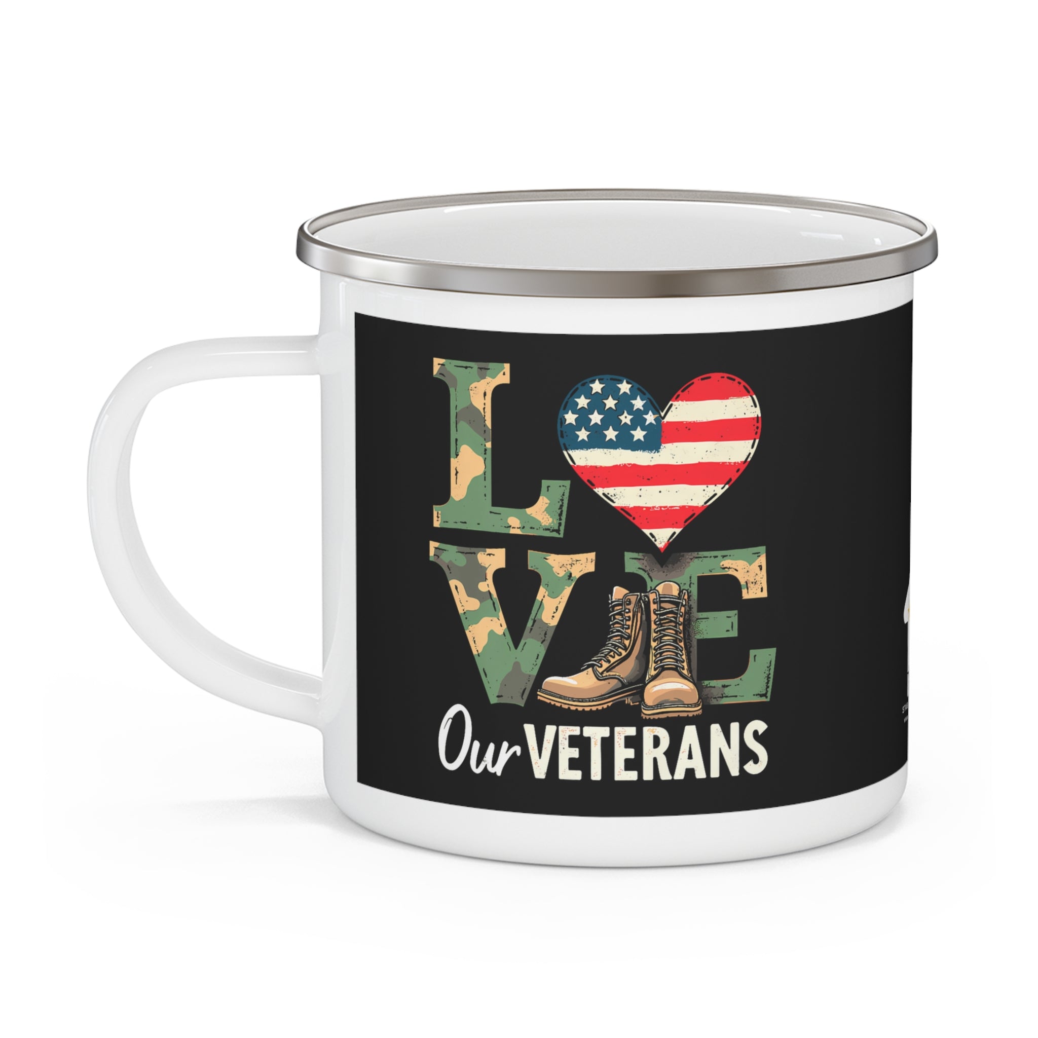 Love Our Veterans” Enamel Mug with Camo Letters, American Flag Heart, and Combat Boots