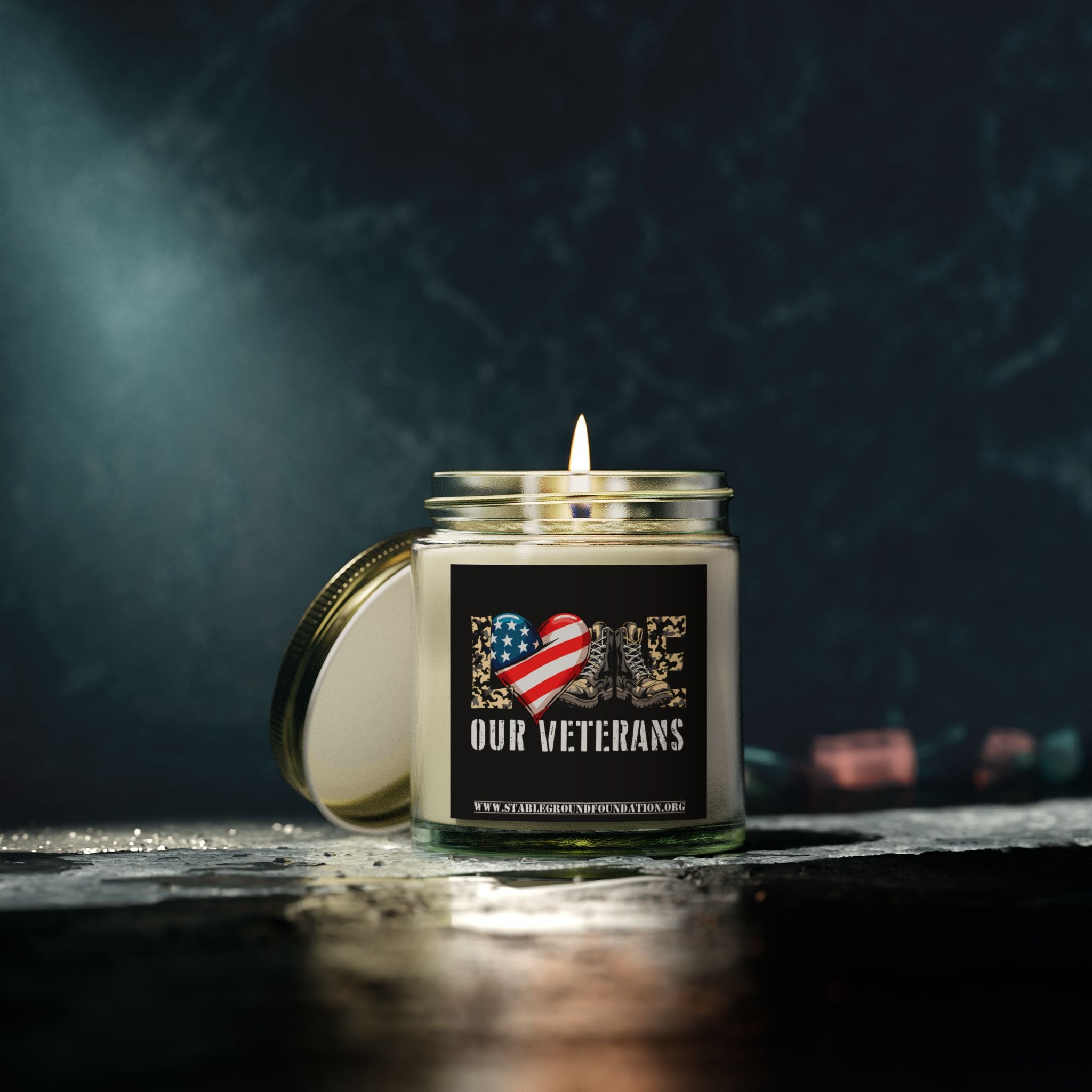 Love Our Veterans Candle – Military Helmet & Boots Tribute Candle