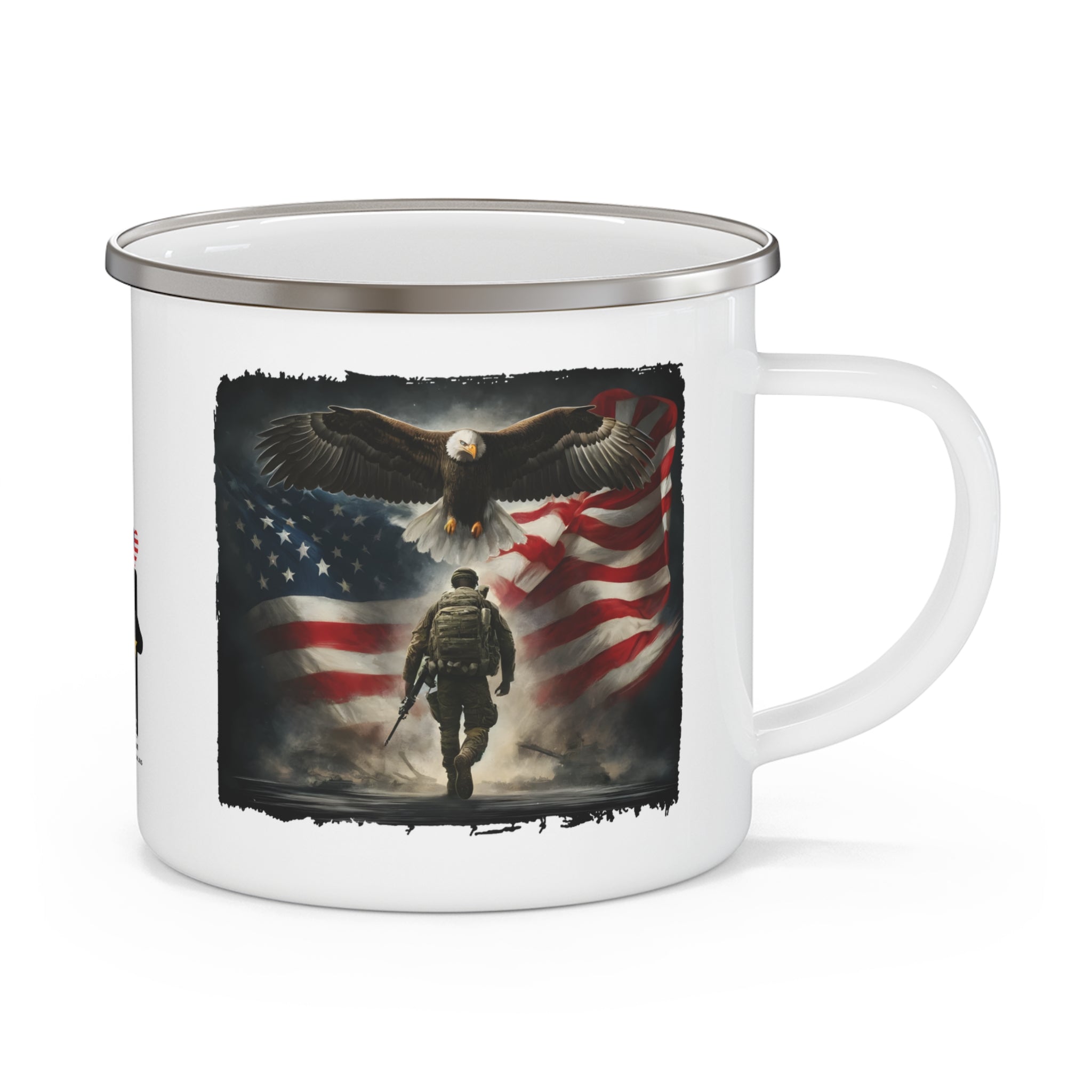 American Eagle Soldier Mug | Patriotic Enamel Coffee Cup Tribute to Veterans