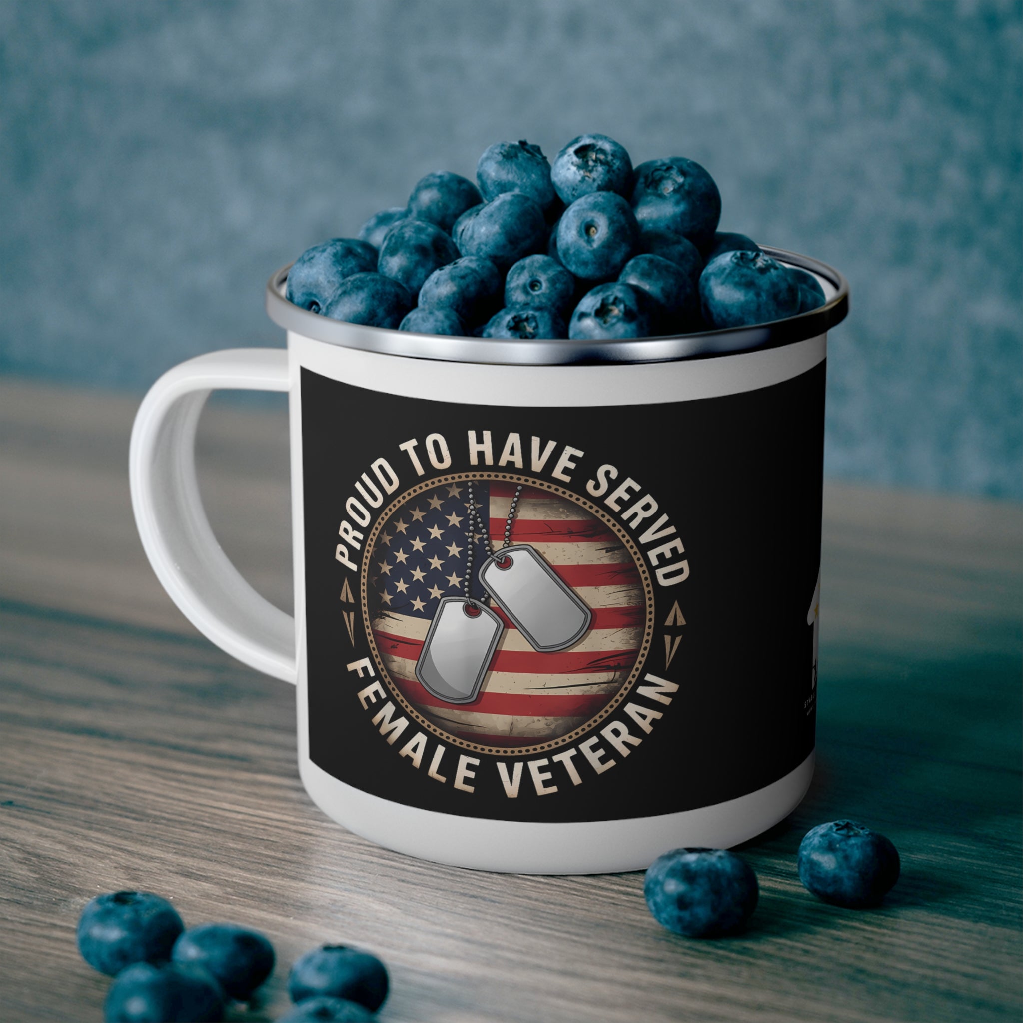 Proud Female Veteran Coffee Cup – Dog Tag & Flag Design