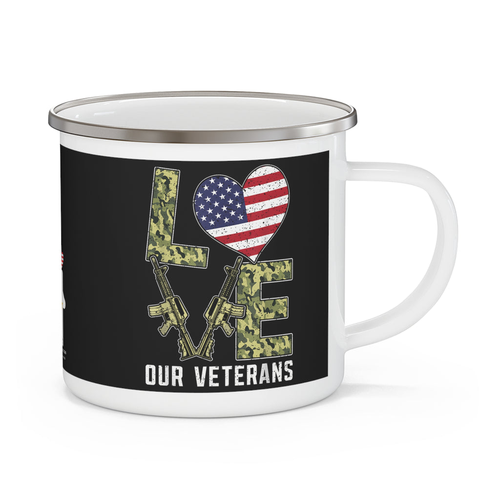 Love Our Veterans Enamel Mug – Patriotic American Flag Coffee Cup