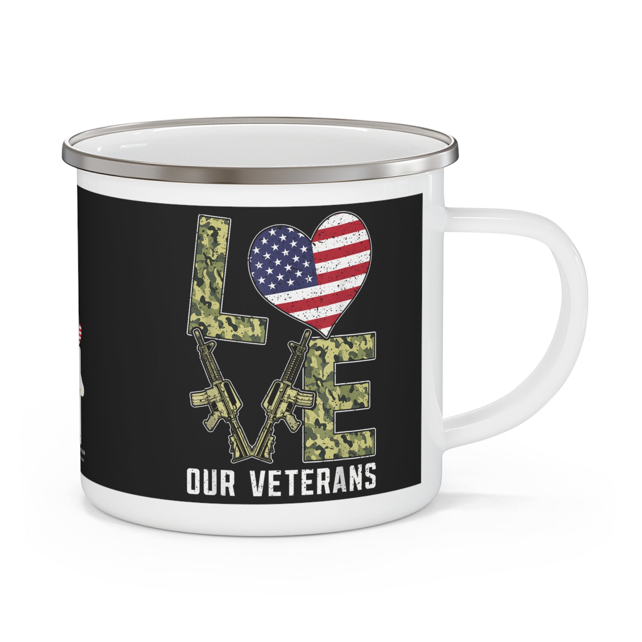 Love Our Veterans Enamel Mug – Patriotic American Flag Coffee Cup