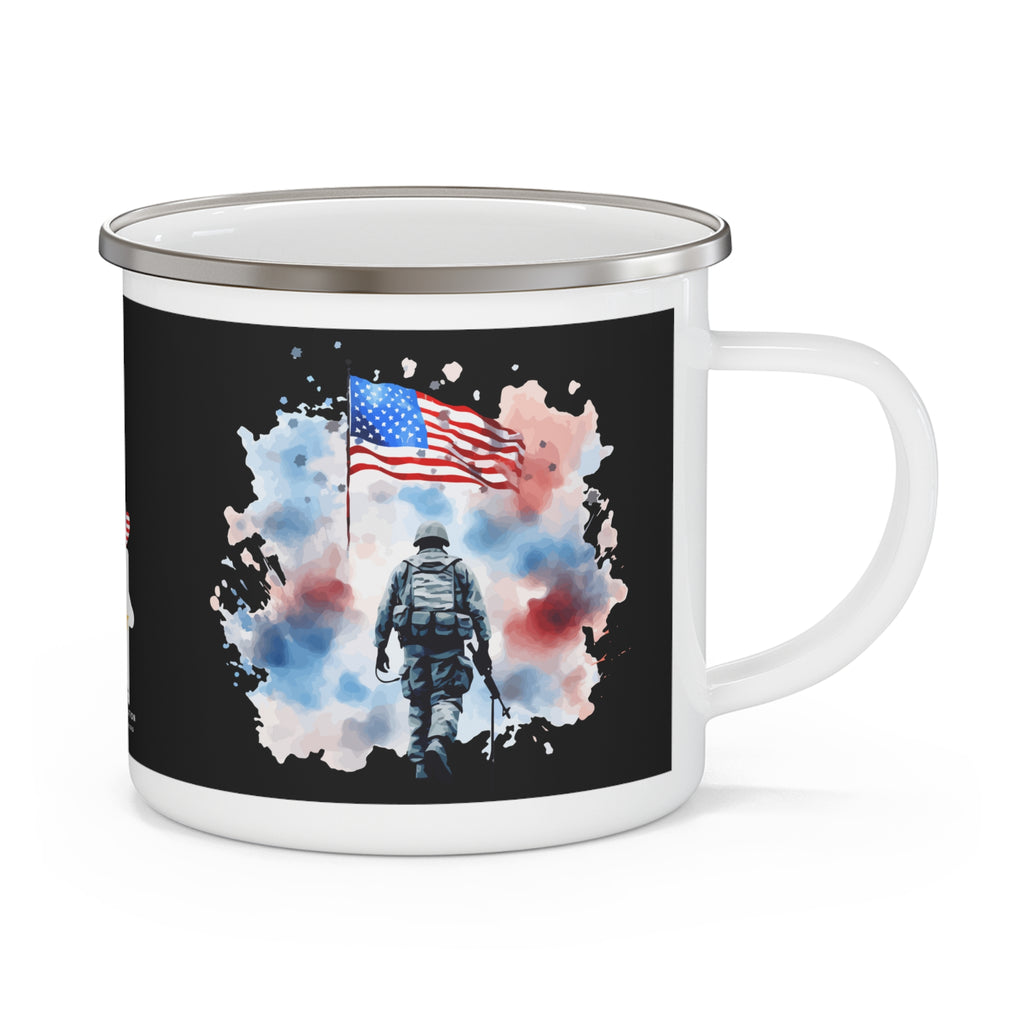 Fallen Hero Tribute Coffee Cup – Watercolor Soldier & Flag Enamel Cup
