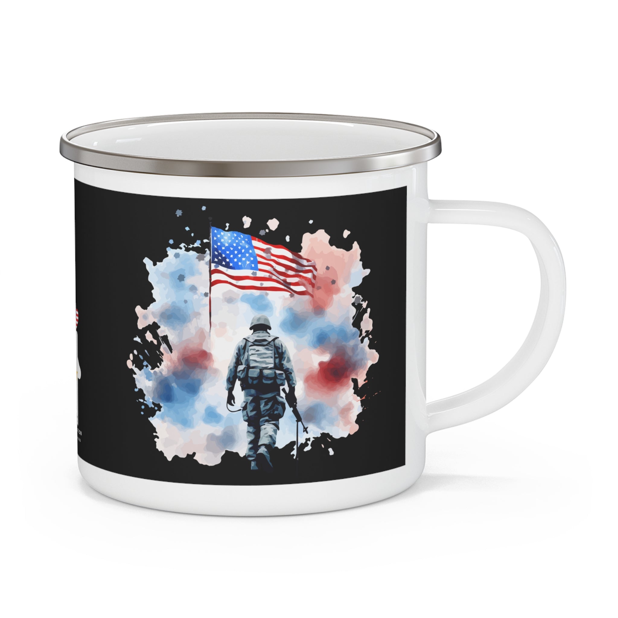 Fallen Hero Tribute Coffee Cup – Watercolor Soldier & Flag Enamel Cup