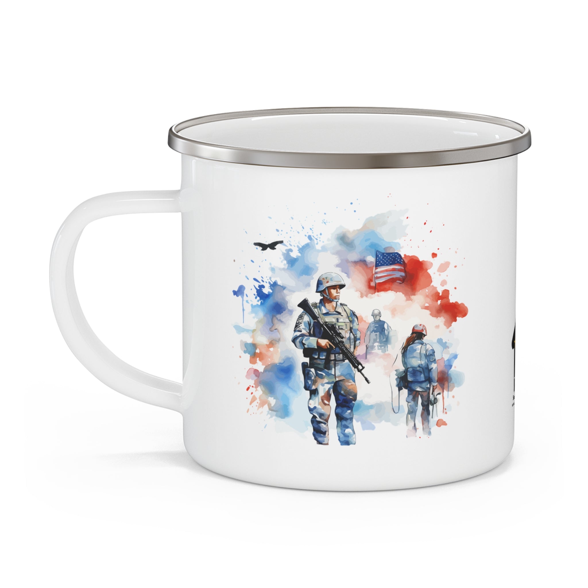 White Watercolor Soldiers Coffee Cup – Patriotic Memorial Tribute Enamel Cup