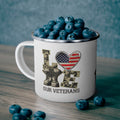 “Love Our Veterans” Enamel Mug with Camouflage Letters, Combat Boots, and American Flag Heart