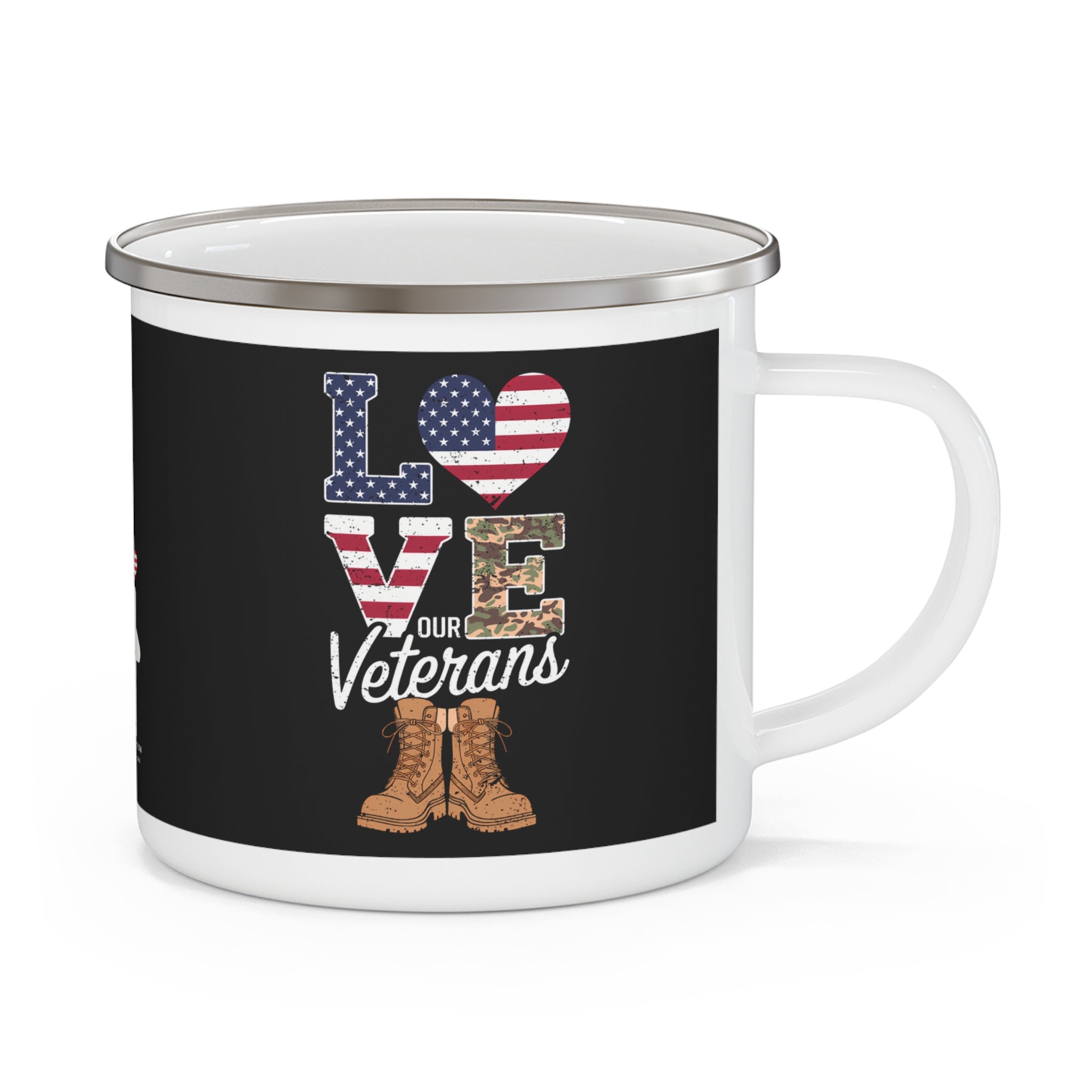 “Love Our Veterans” Enamel Mug with American Flag Letters and Combat Boots Design