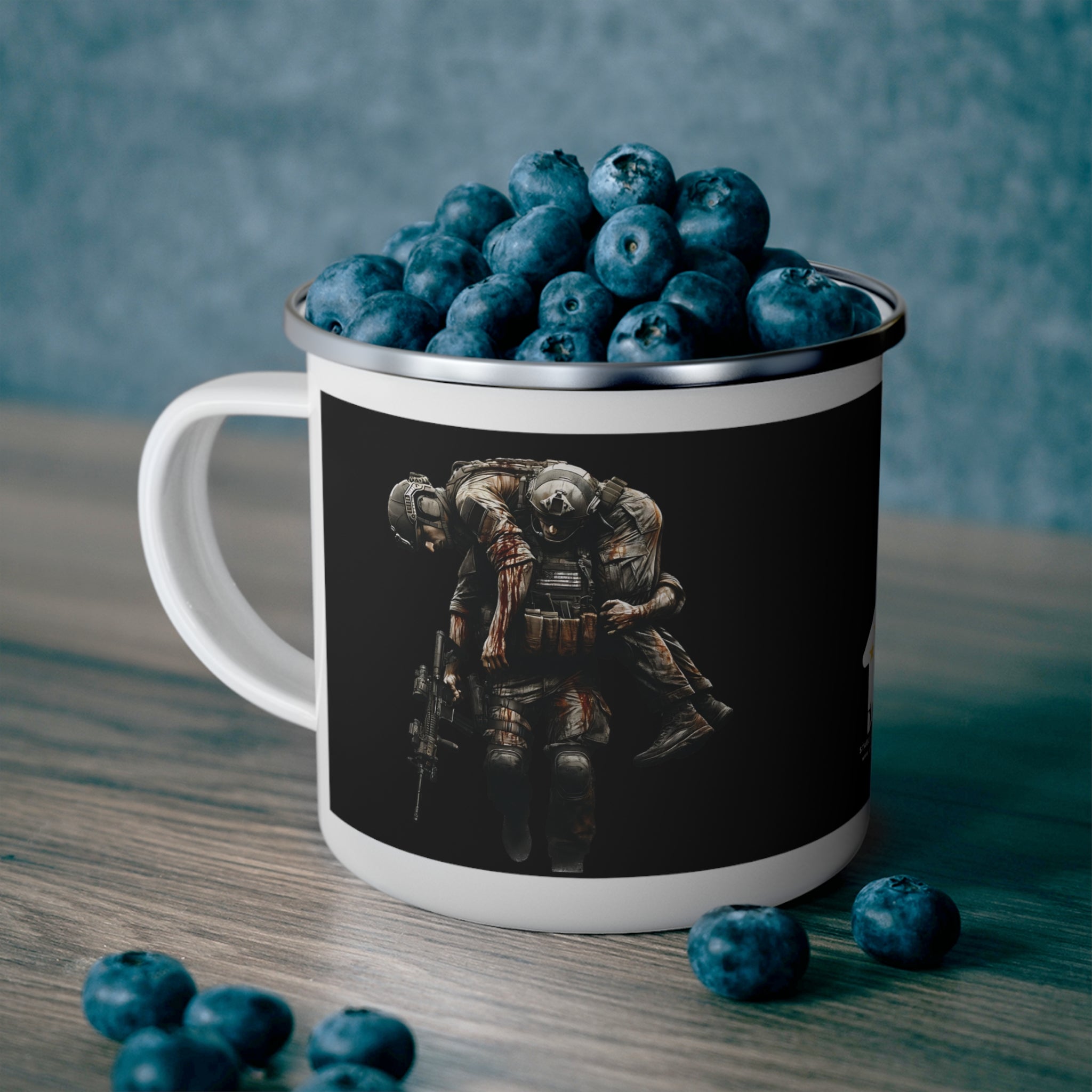 Fallen Brother Coffee Cup – Soldier Carrying Soldier Tribute Enamel Mug