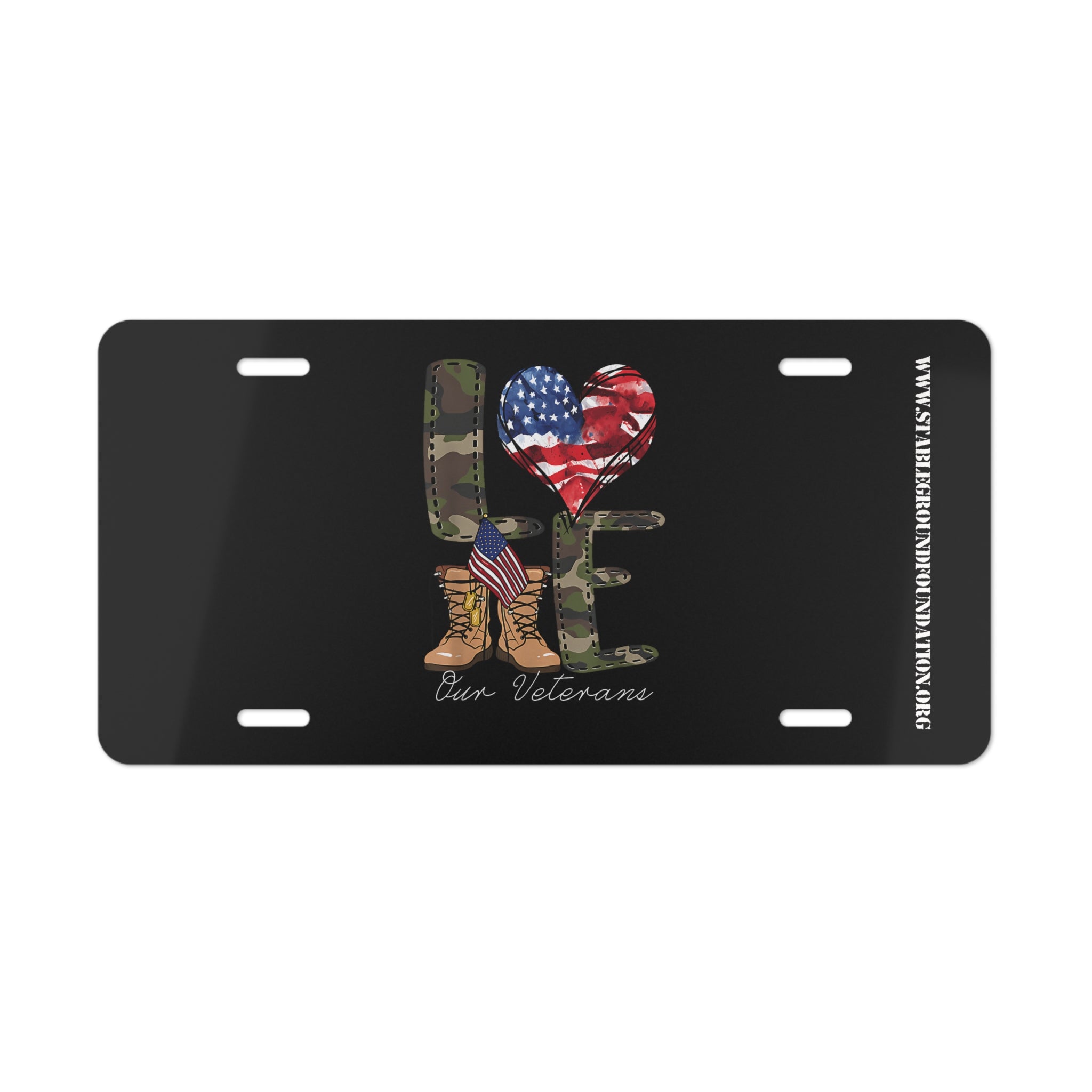 Love Our Veterans – Camo & American Flag Patriotic License Plate