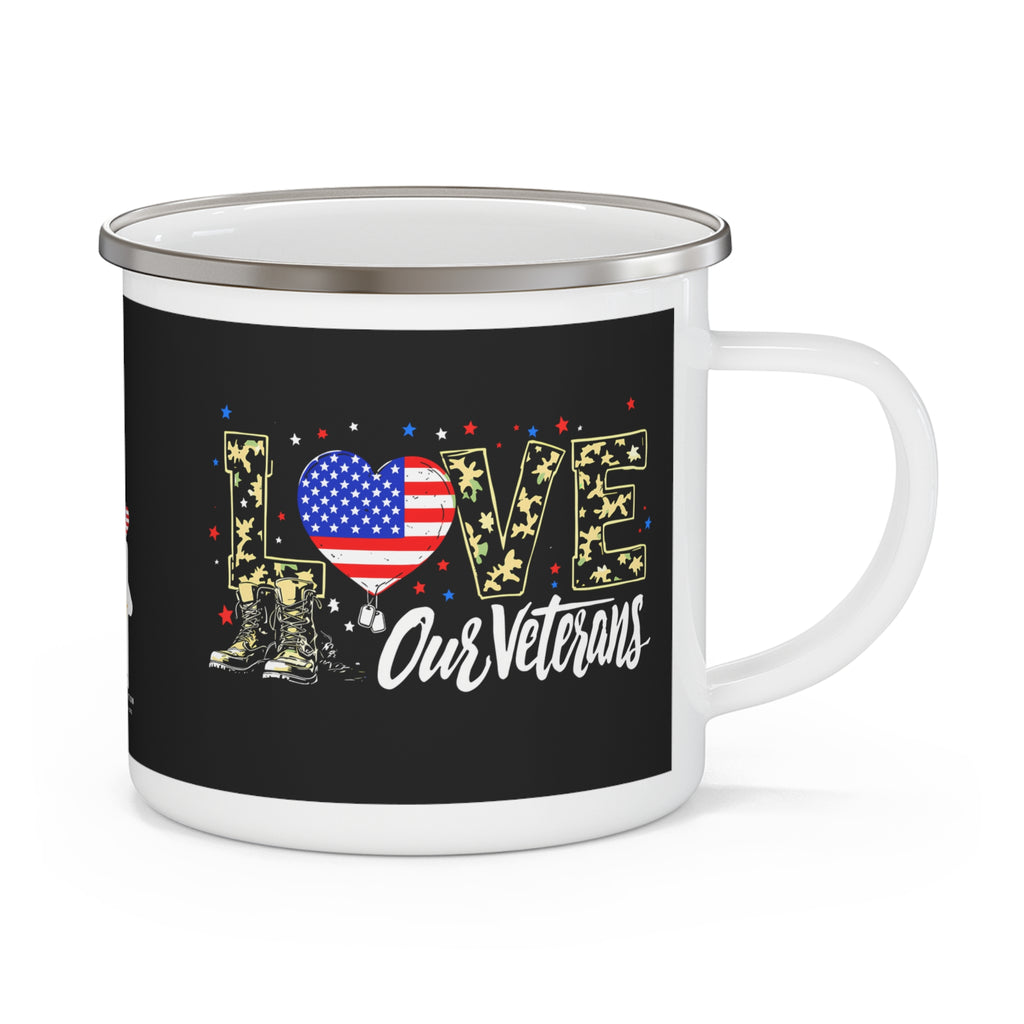 “Love Our Veterans” Enamel Mug with Camo Letters and American Flag Heart Design