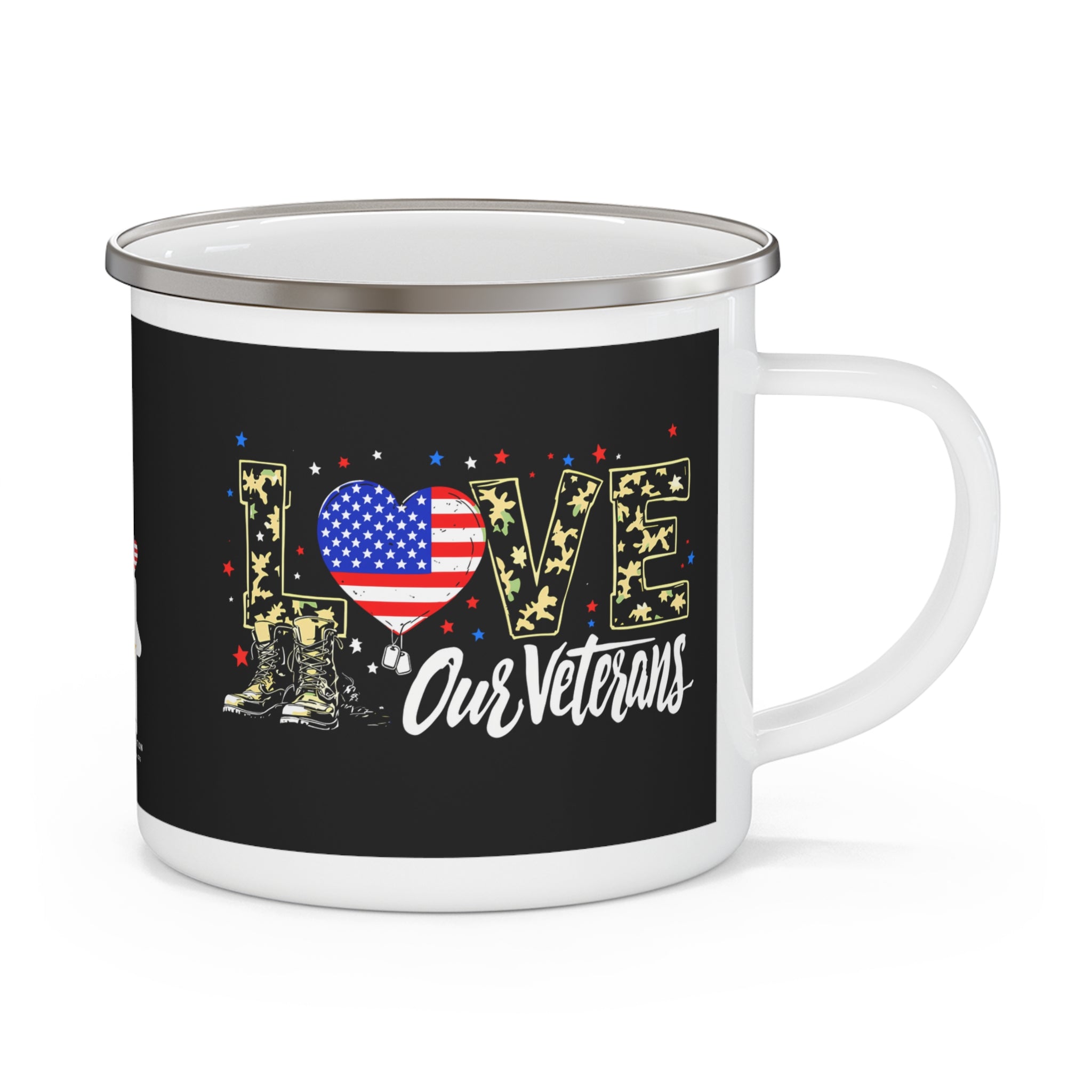 “Love Our Veterans” Enamel Mug with Camo Letters and American Flag Heart Design