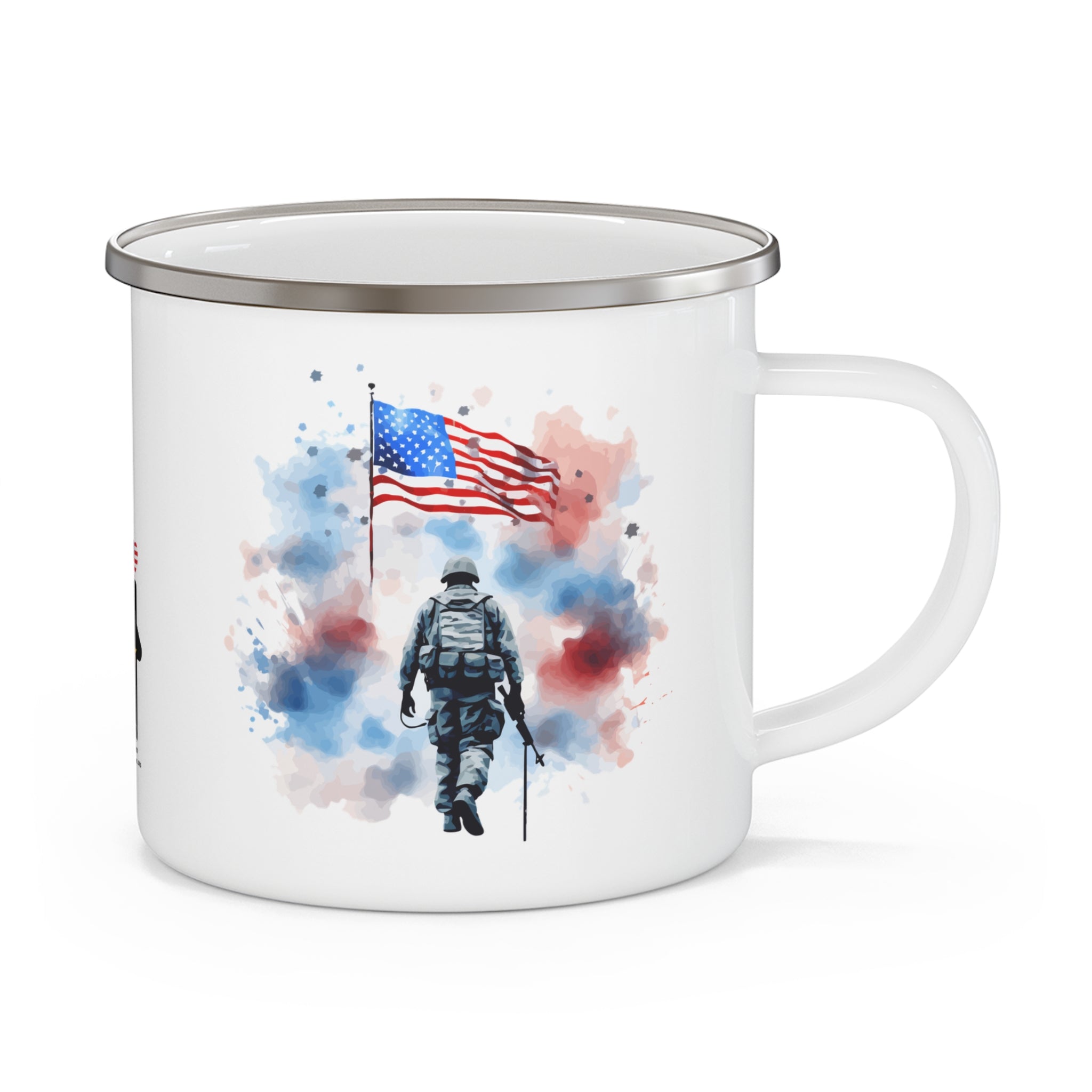 Watercolor Soldier Coffee Cup – Patriotic American Flag Tribute Enamel Cup