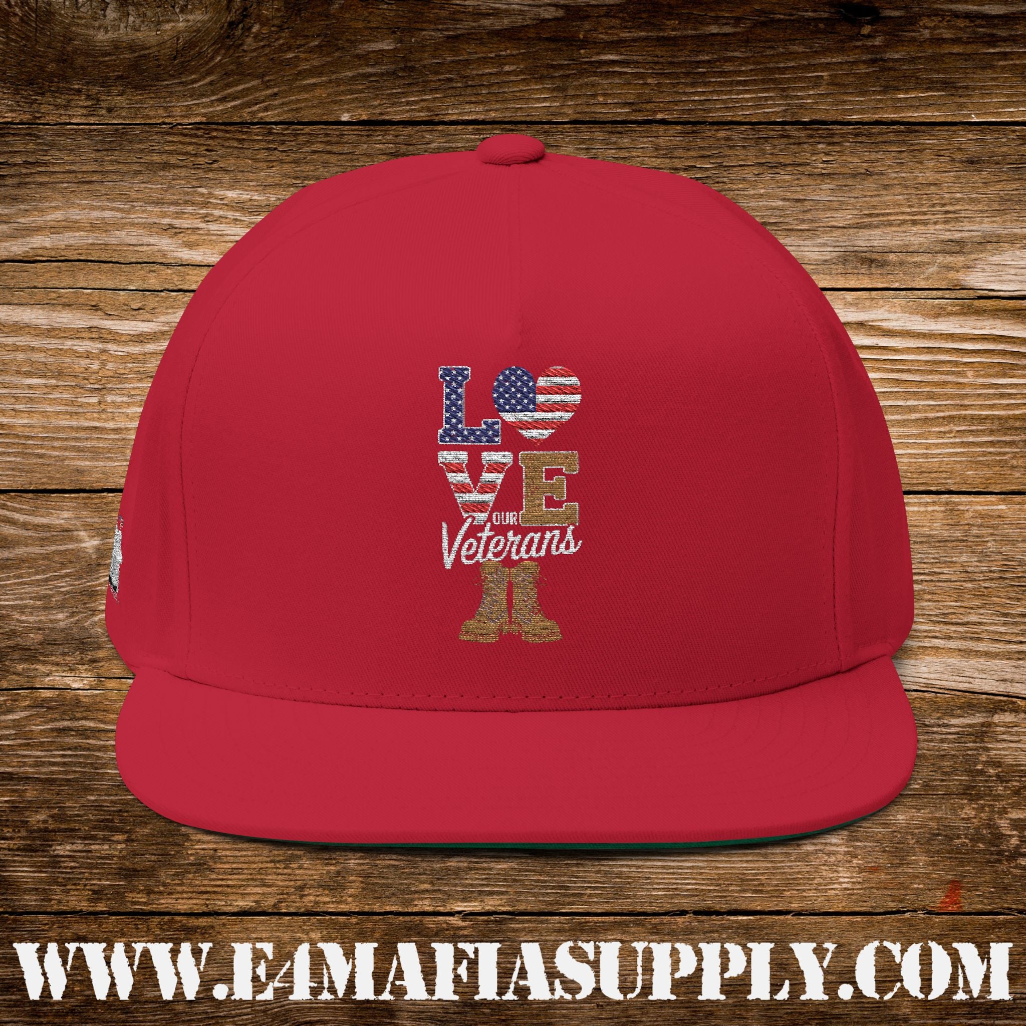 Patriotic “Love Veterans” Flat Bill Cap with American Flag Heart and Combat Boots