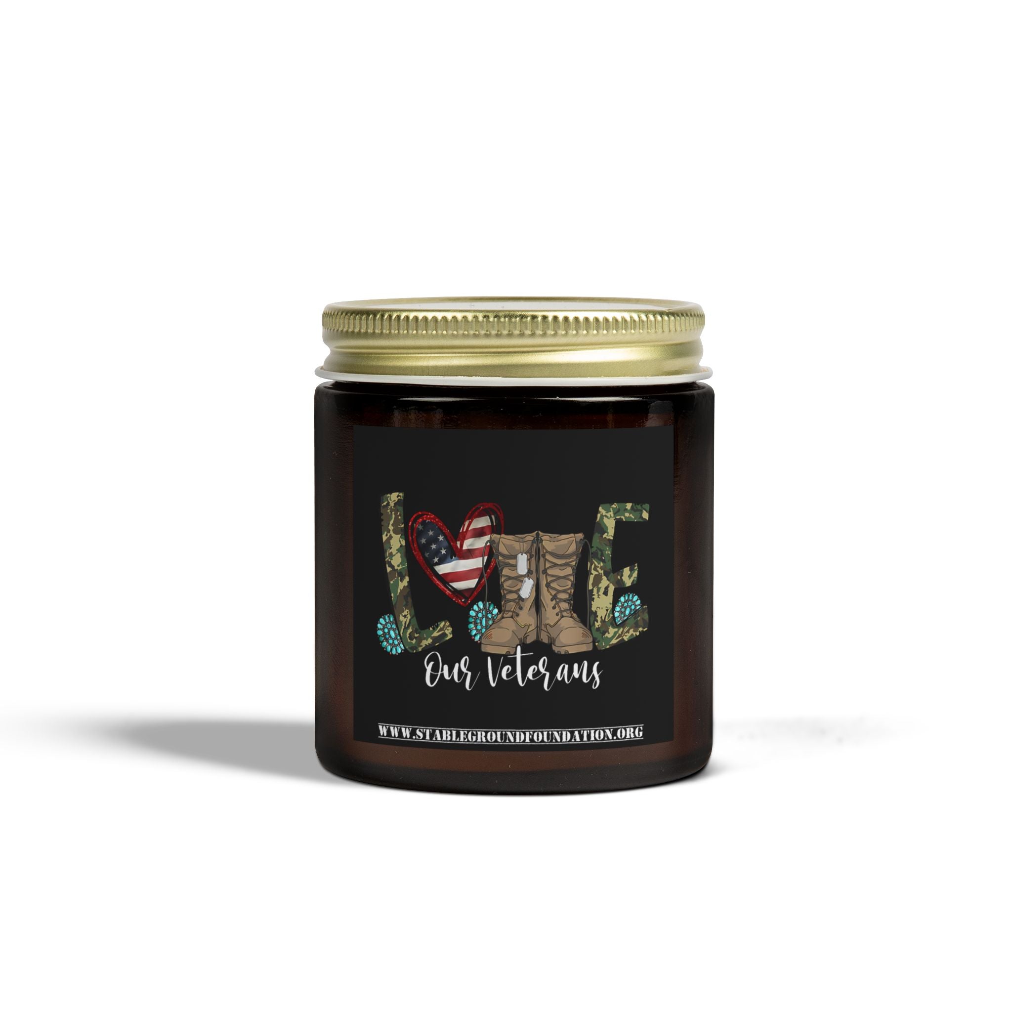 Love Our Veterans Candle – Rustic Camo Heart & Boots Patriotic Tribute Candle