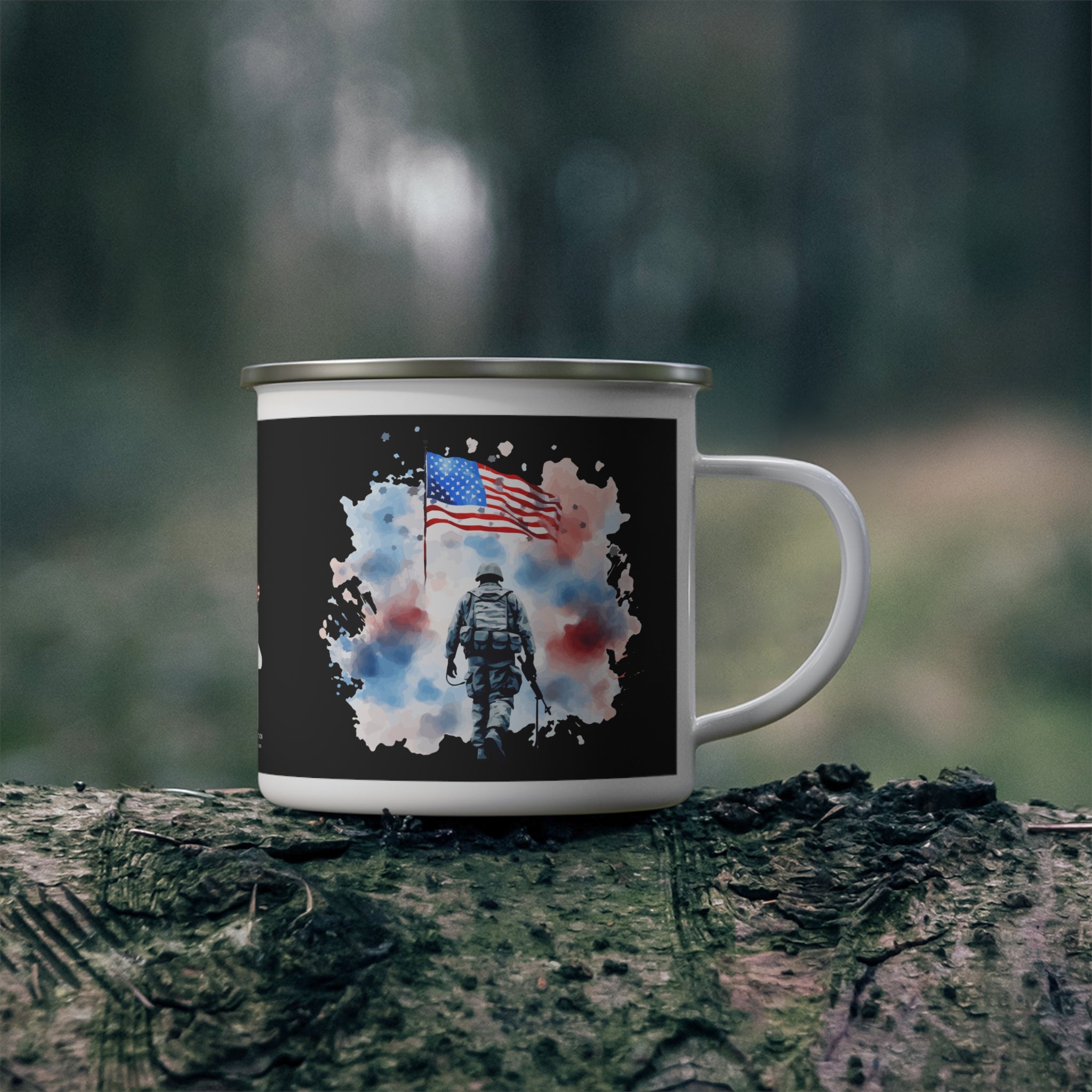 Fallen Hero Tribute Coffee Cup – Watercolor Soldier & Flag Enamel Cup