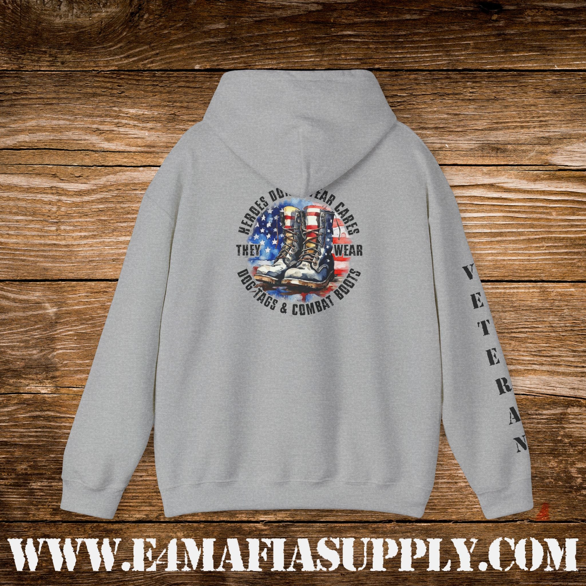 “Heroes Don’t Wear Capes – They Wear Dog Tags & Combat Boots” Patriotic Veteran Sleeve Hoodie