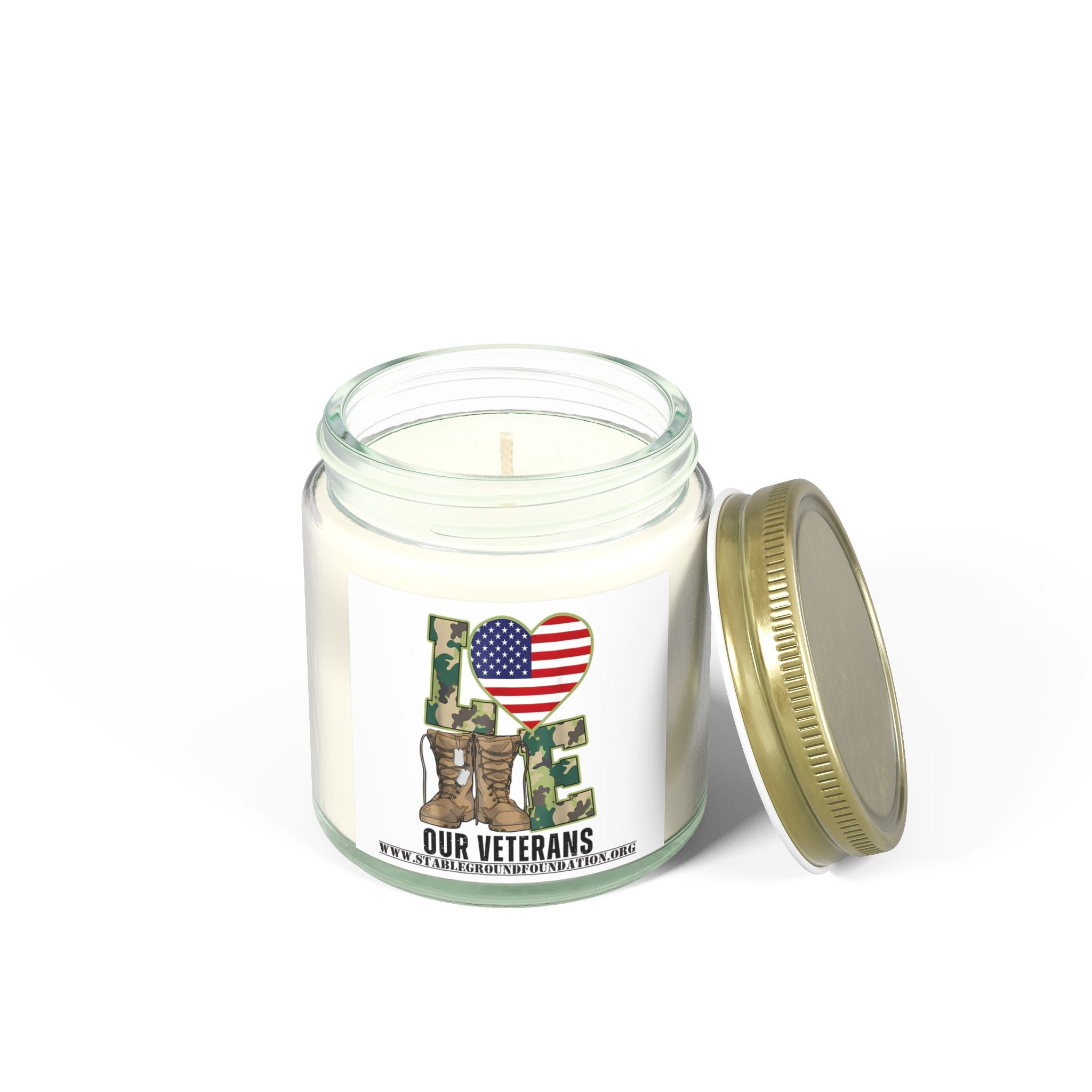 Love Our Veterans Candle – Camo Boots Patriotic Candle Supporting Veterans