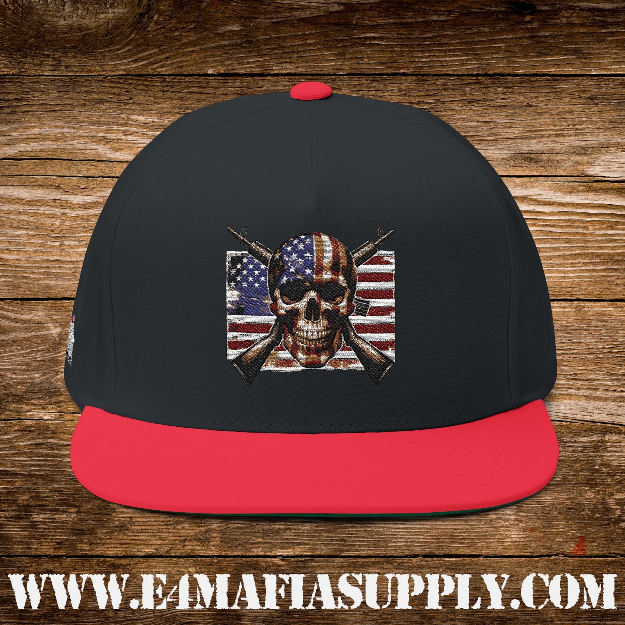 Patriotic Skull Flat Bill Cap with American Flag and Crossed Rifles