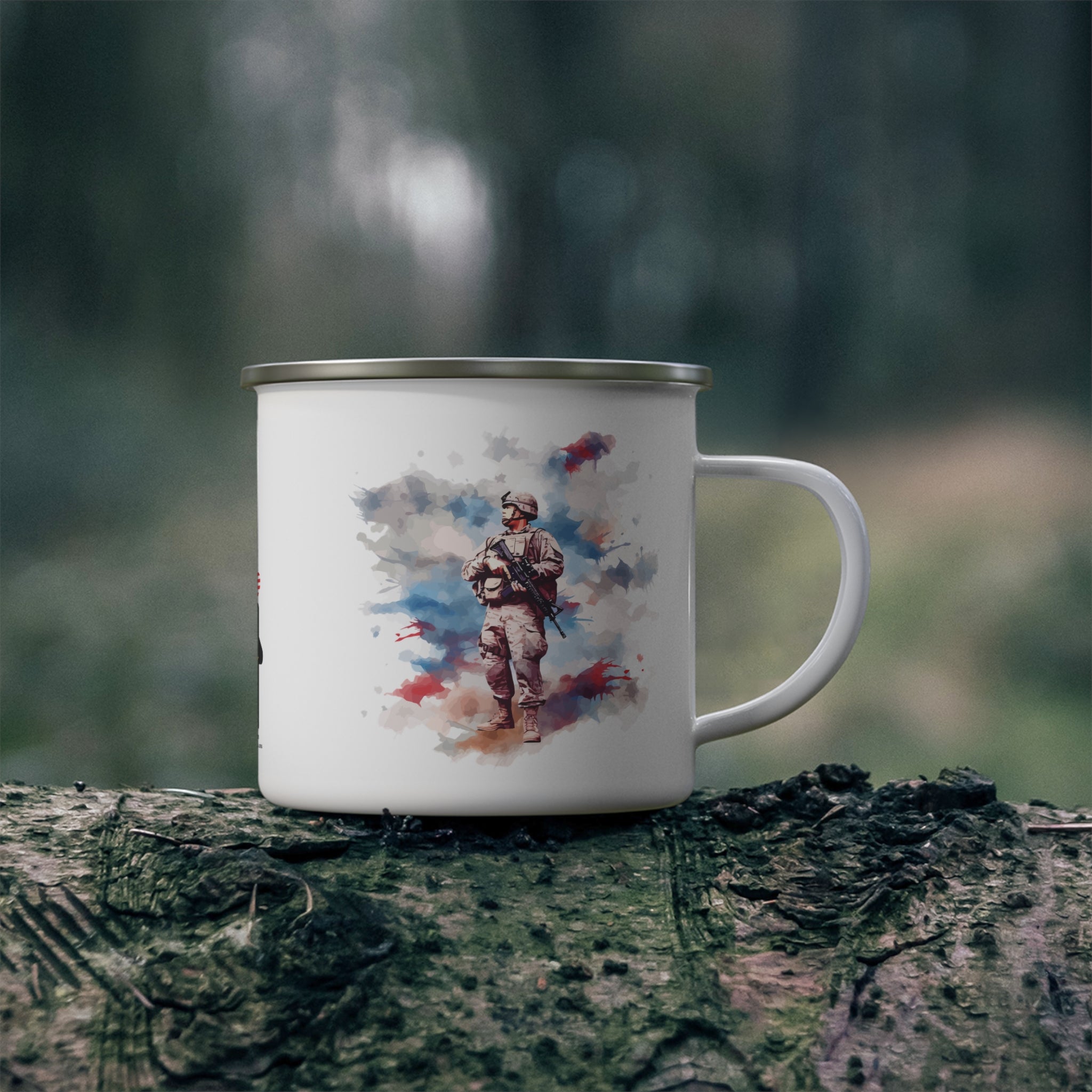 White Watercolor Soldier Coffee Cup – Minimal Patriotic Tribute Enamel Cup