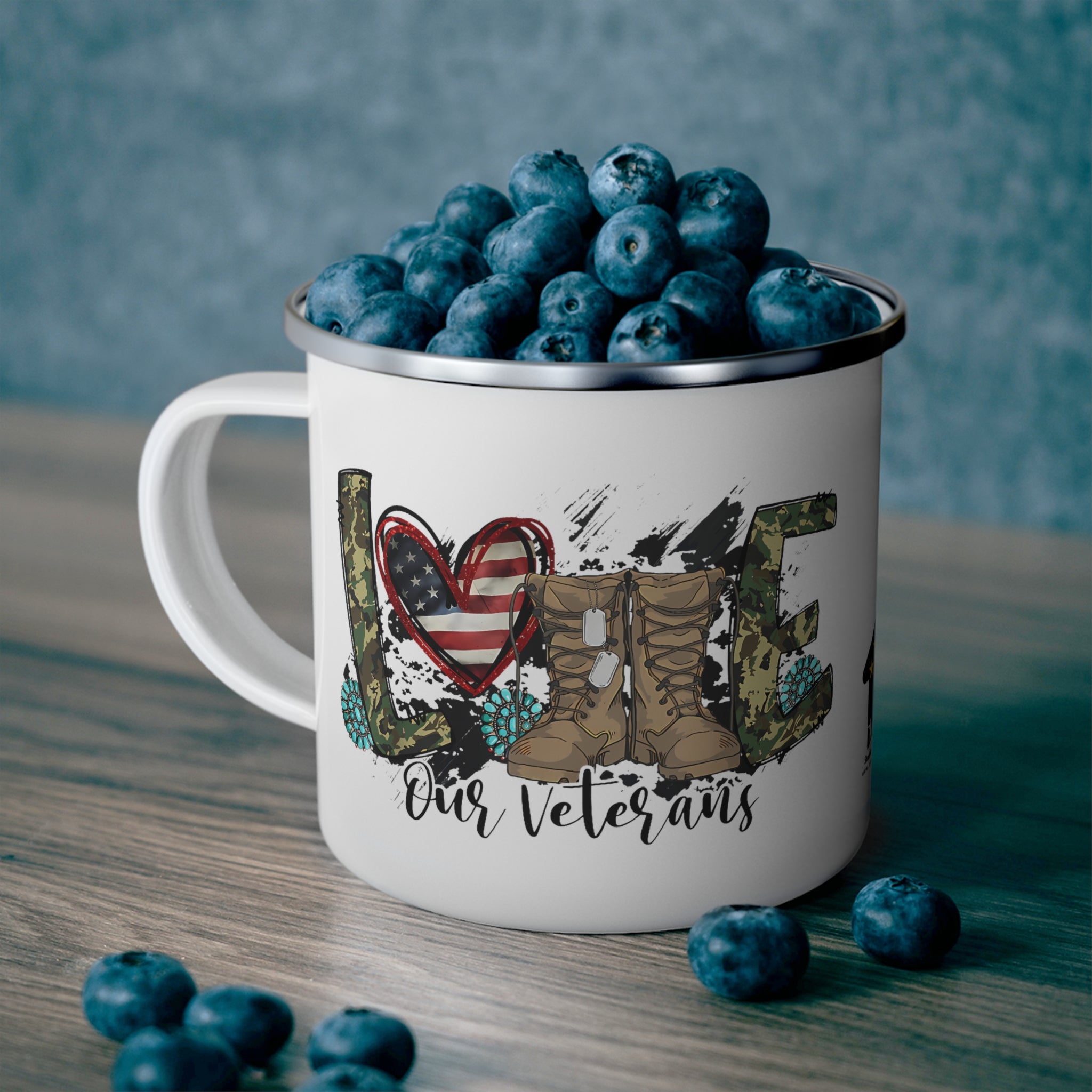 “Love Our Veterans” Enamel Mug with American Flag Heart, Combat Boots, and Floral Design