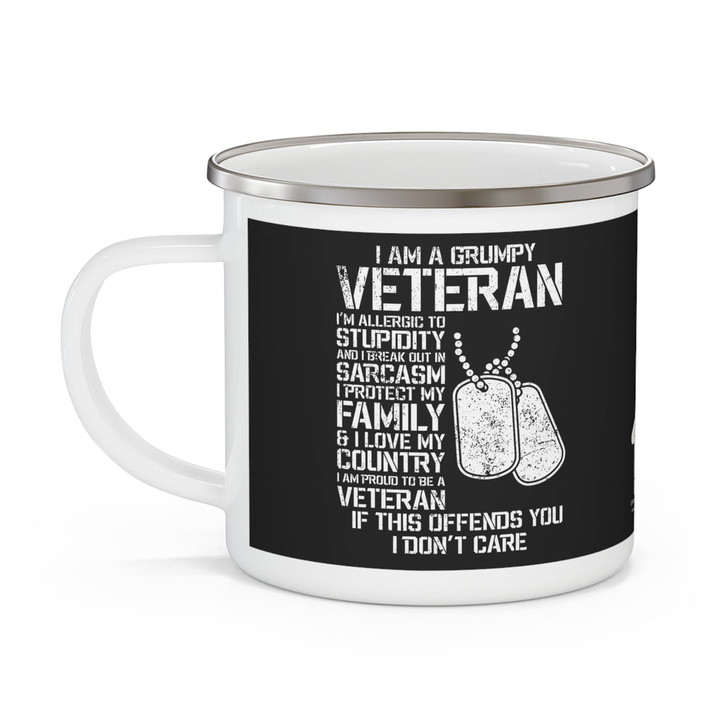 Grumpy Veteran Enamel Mug – Patriotic Military Coffee Cup with Dog Tags