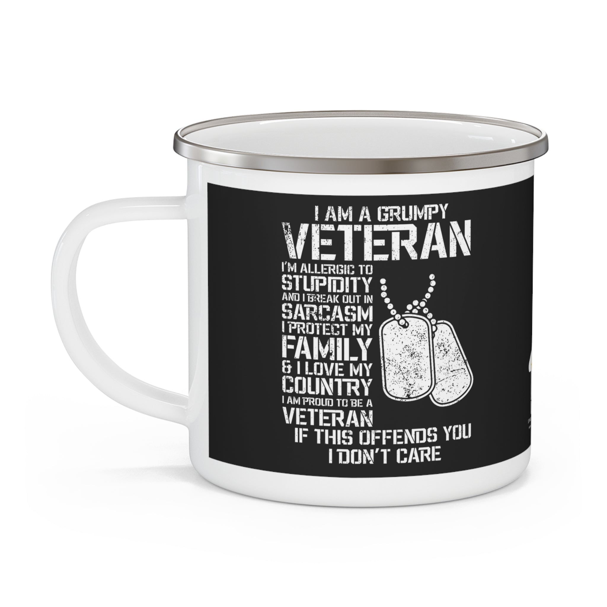 Grumpy Veteran Enamel Mug – Patriotic Military Coffee Cup with Dog Tags