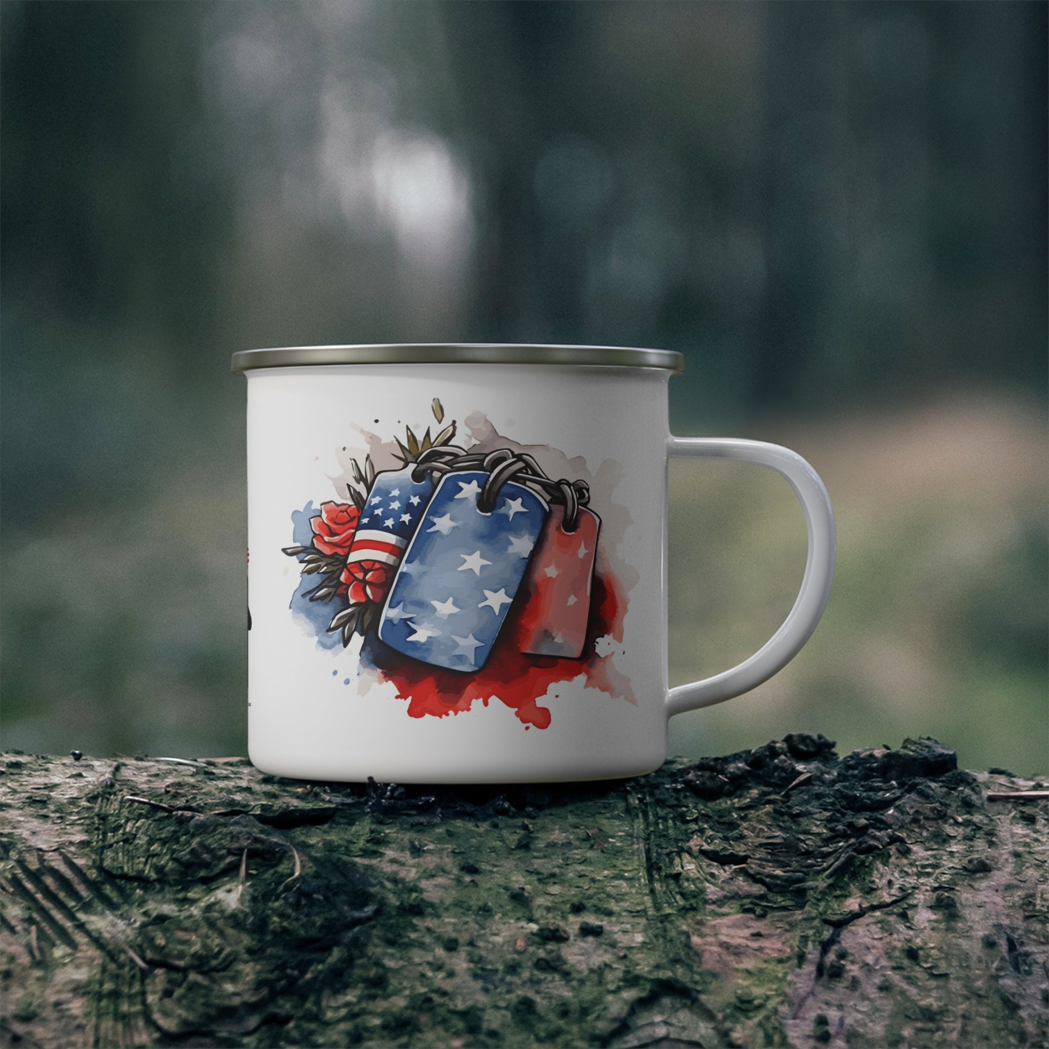 Patriotic Dog Tags Coffee Cup – American Flag Tribute Enamel Mug