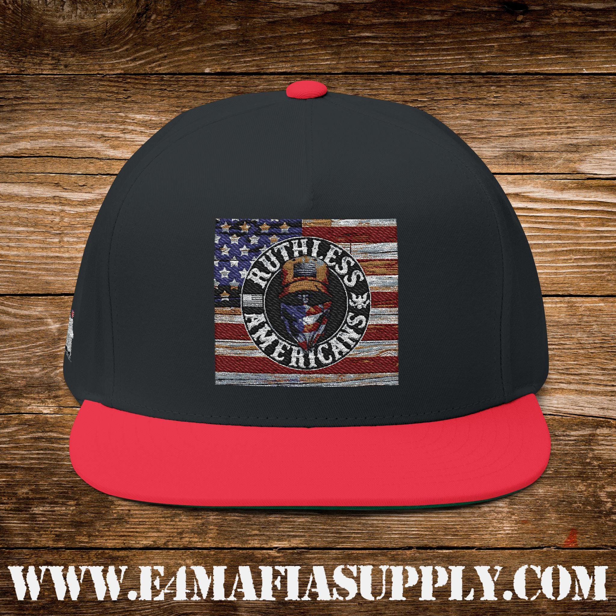 Patriotic “Ruthless Americans” Flat Bill Cap with Eagle and American Flag