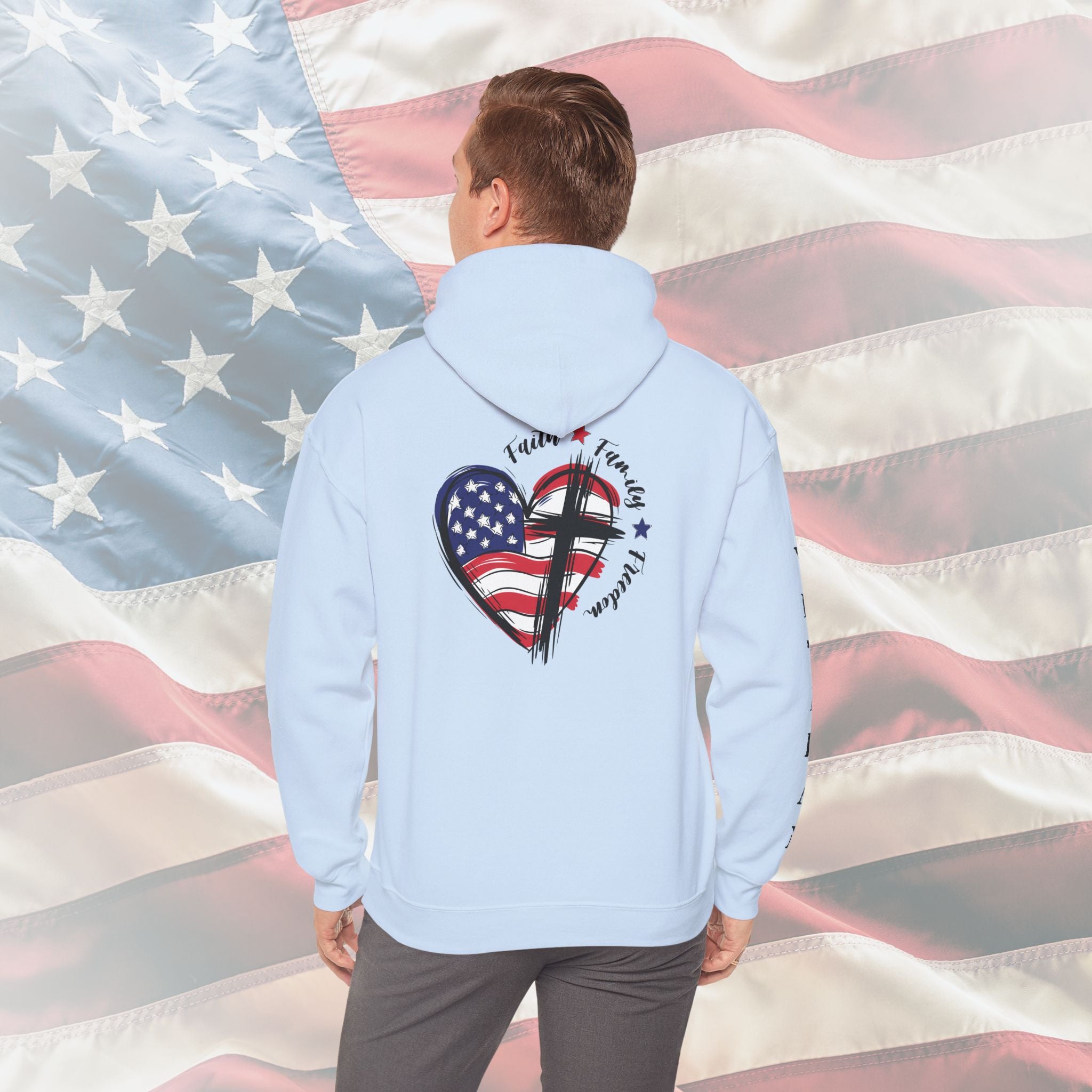 “Faith Family Freedom” Patriotic Cross and Flag Veteran Hoodie
