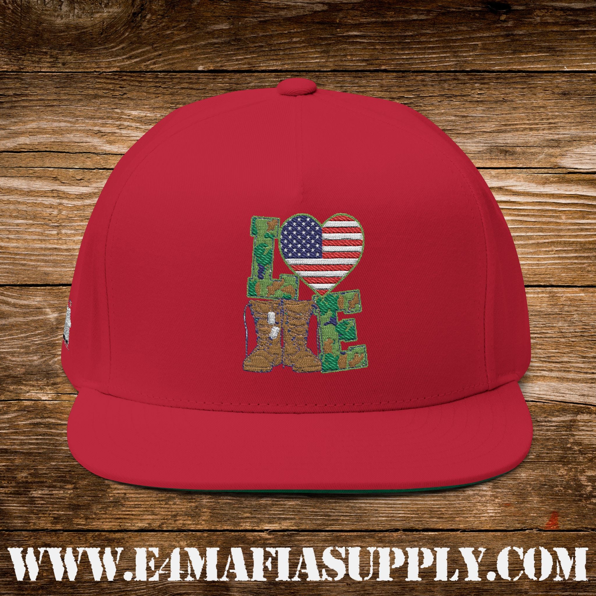 Patriotic “Love” Flat Bill Cap with American Flag Heart and Combat Boots