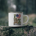 “Love Our Veterans” Enamel Mug with Camouflage Letters, Combat Boots, and American Flag Heart