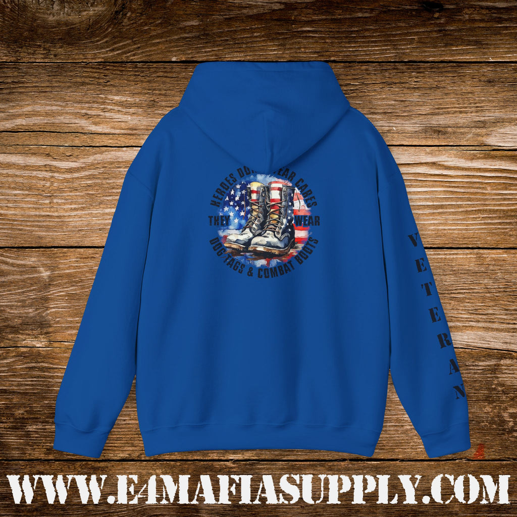 “Heroes Don’t Wear Capes – They Wear Dog Tags & Combat Boots” Patriotic Veteran Sleeve Hoodie