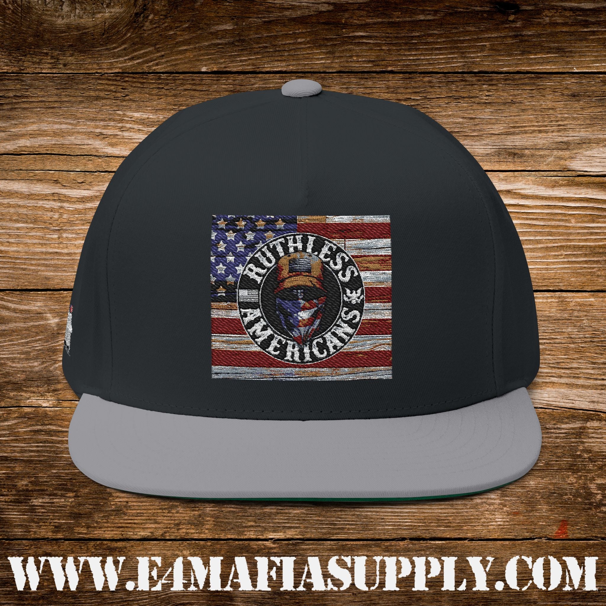 Patriotic “Ruthless Americans” Flat Bill Cap with Eagle and American Flag