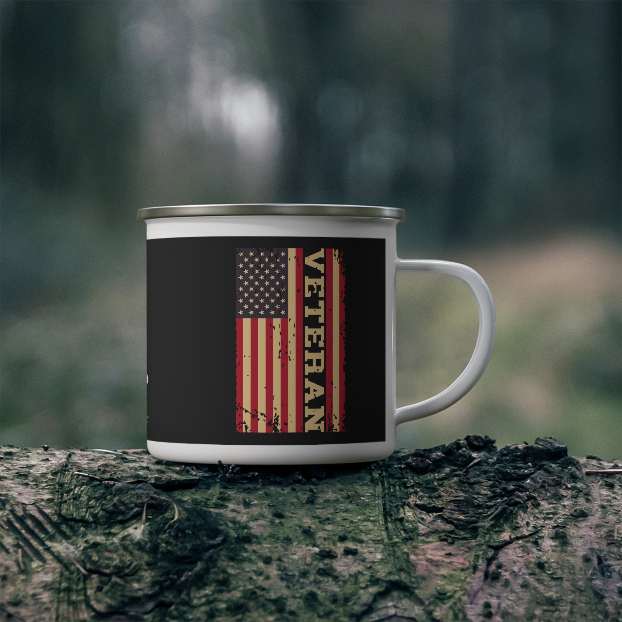 American Flag Veteran Coffee Cup – Rustic Patriotic Enamel Cup